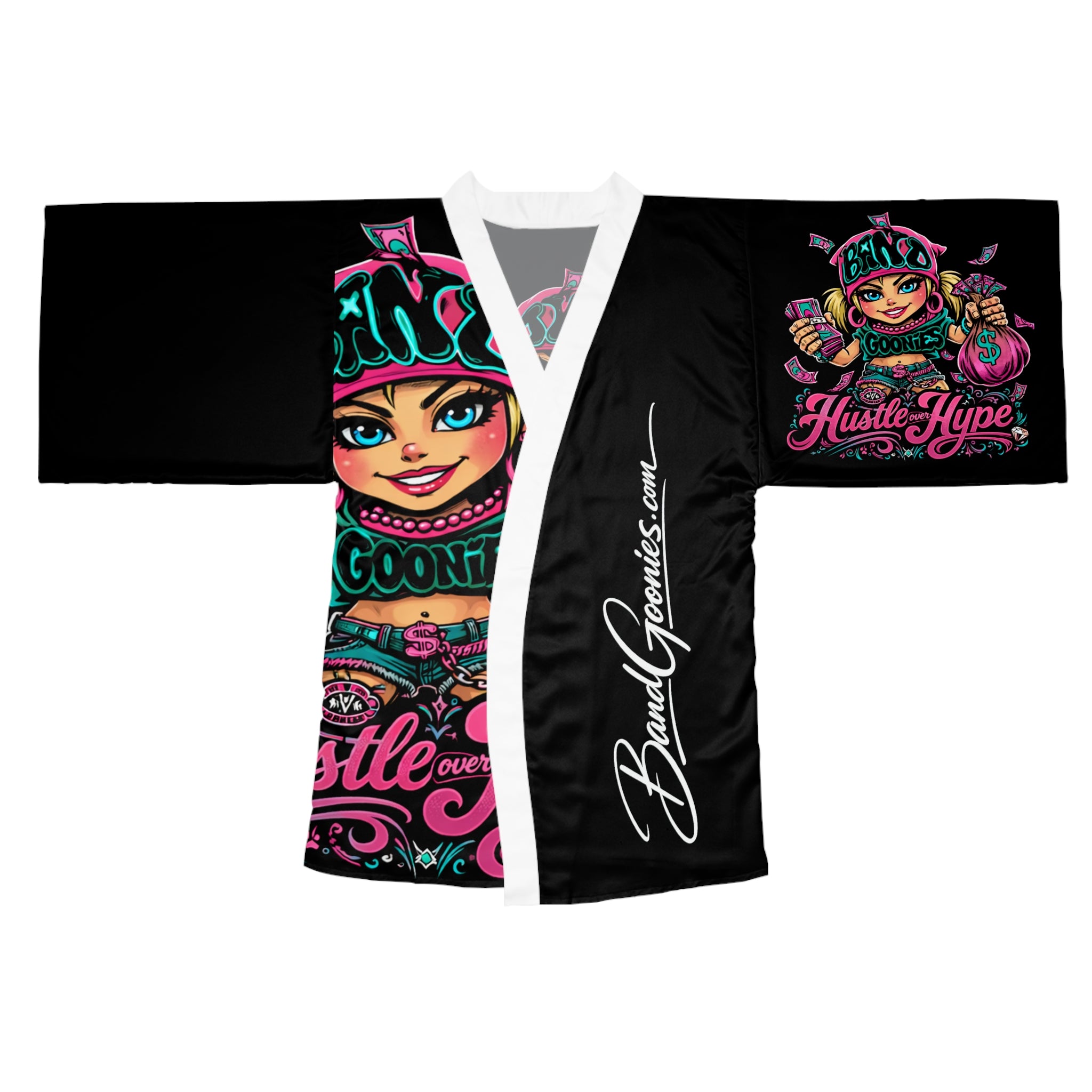 Long Sleeve Robe | Pink & Teal Girl Goonie "Hustle over Hype"