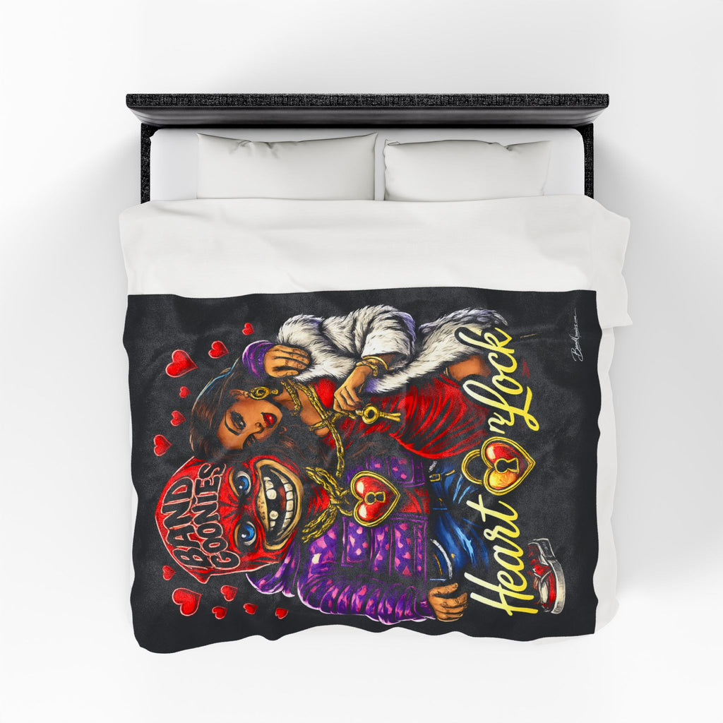 Love Velveteen Plush Blanket (Black) | Red Goonie Couple "Heart on Lock"