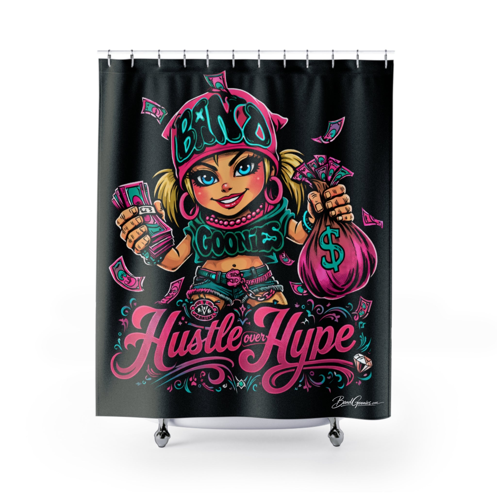 Bathroom Shower Curtain | Pink & Teal Girl Goonie "Hustle over Hype"