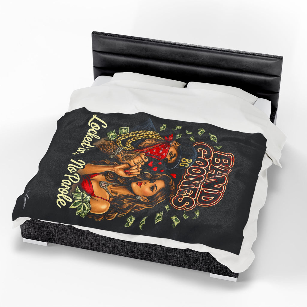 Love Velveteen Plush Blanket (Black) | Bandana Goonie Couple "Locked in, No Parole"