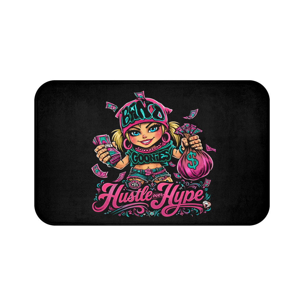 Bathroom Shower Mat | Pink & Teal Girl Goonie "Hustle over Hype"