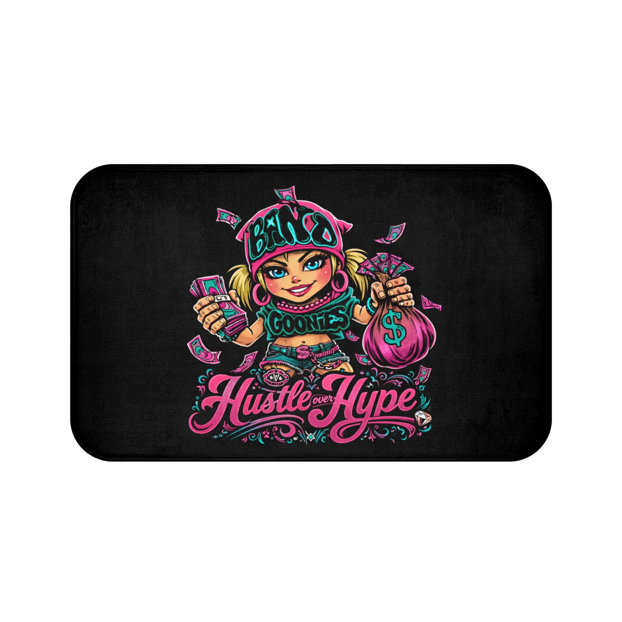 Bathroom Shower Mat | Pink & Teal Girl Goonie "Hustle over Hype"