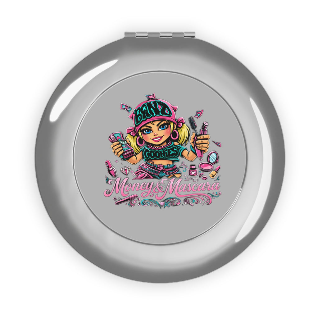 Compact Travel Mirror | Pink Girl Goonie "Money & Macara"