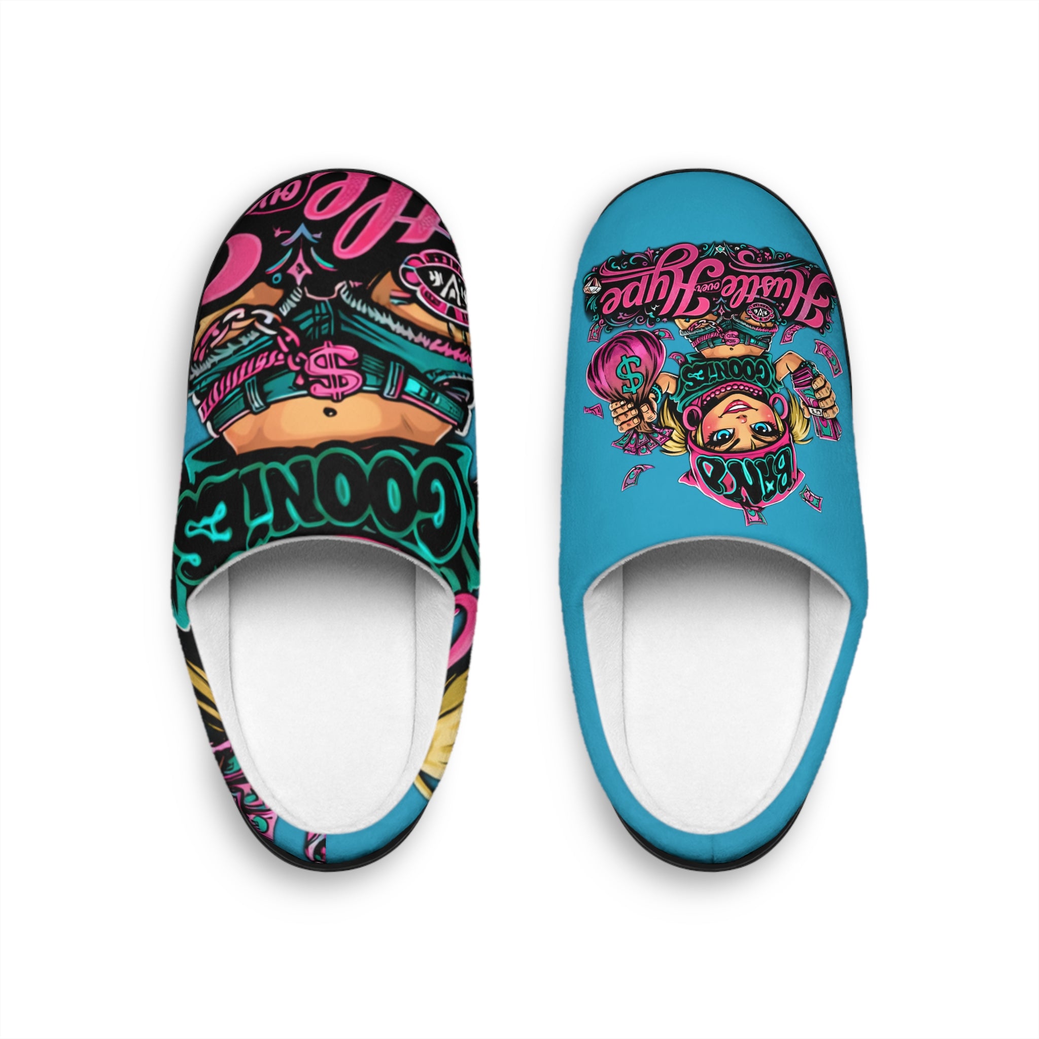 Men's Indoor Slippers | Pink & Teal Girl Goonie "Hustle over Hype"