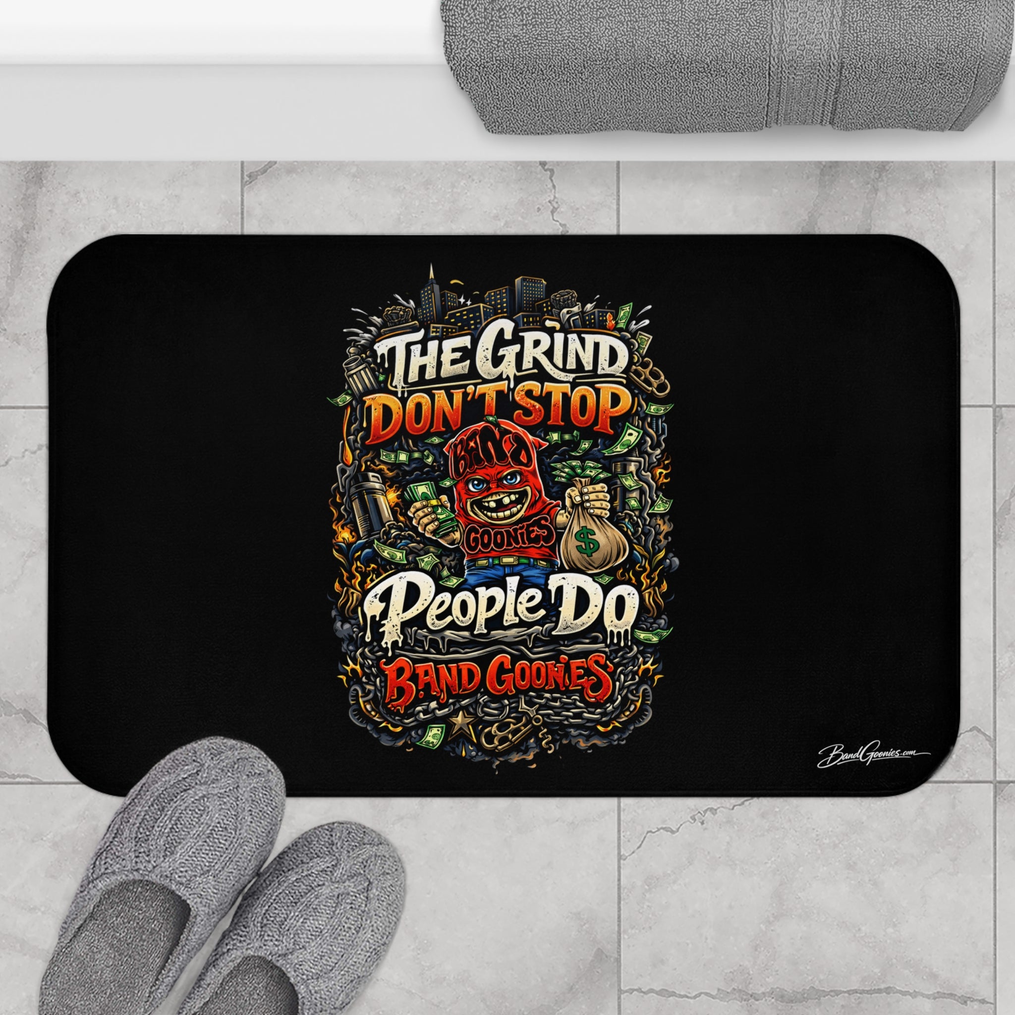 Bathroom Shower Mat | Red Goonie "The Grind Don't, Stop people Do"