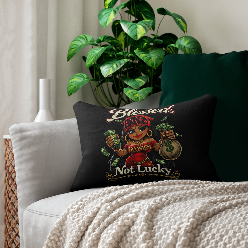 Polyester Pillow | Red Girl Goonie "Blessed, Not Lucky"