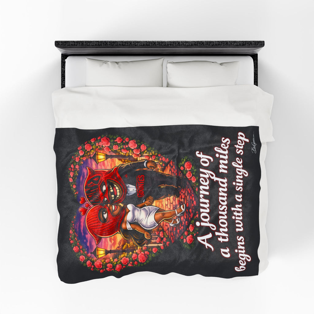 Velveteen Plush Blanket (Black) | Red Goonie Couple "A Journey of a Thousand Miles Begins with a Single Step" (60" x 80")