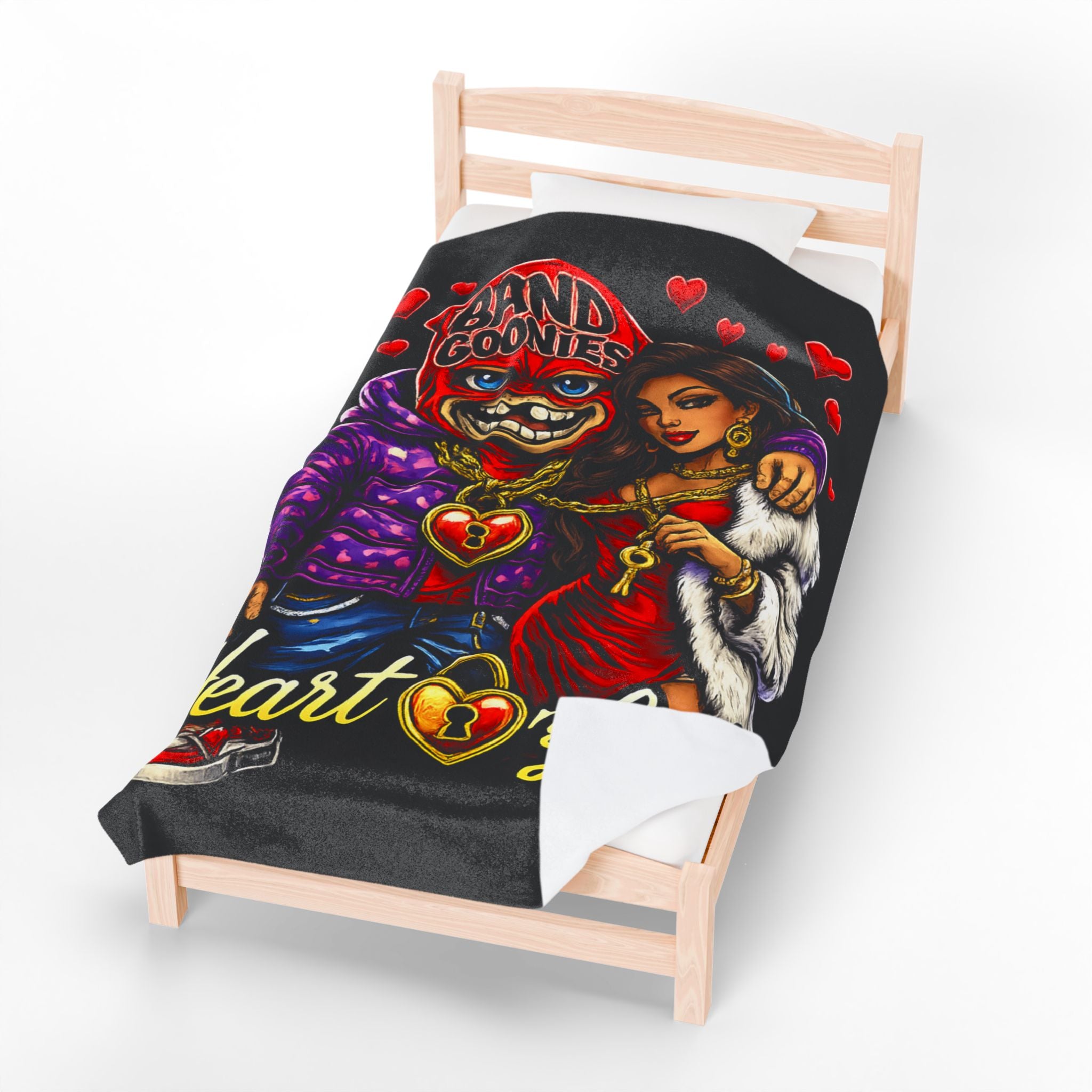 Love Velveteen Plush Blanket (Black) | Red Goonie Couple "Heart on Lock"