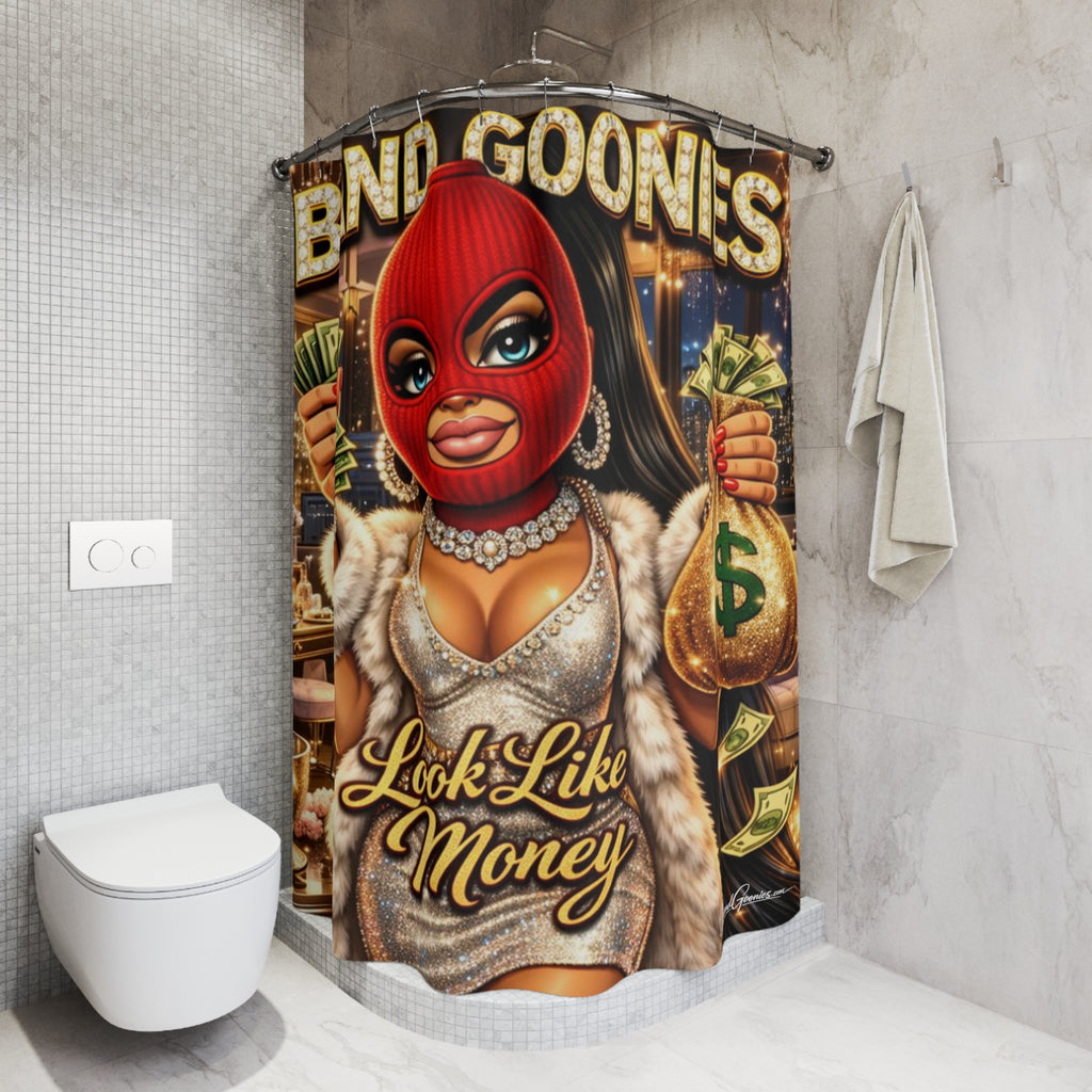 Bathroom Shower Curtain | Red Girl Goonie "Looks Like Money"