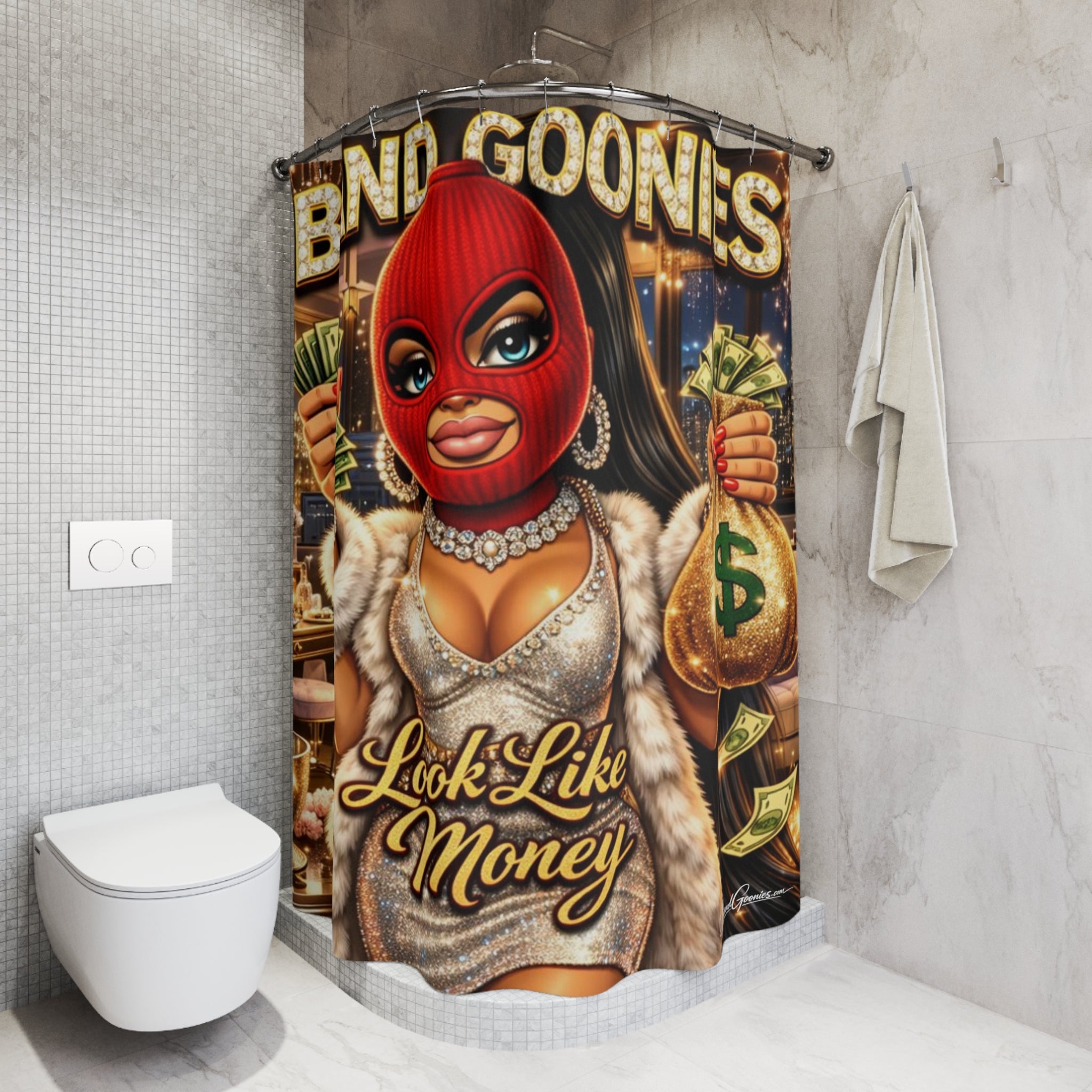 Bathroom Shower Curtain | Red Girl Goonie "Looks Like Money"