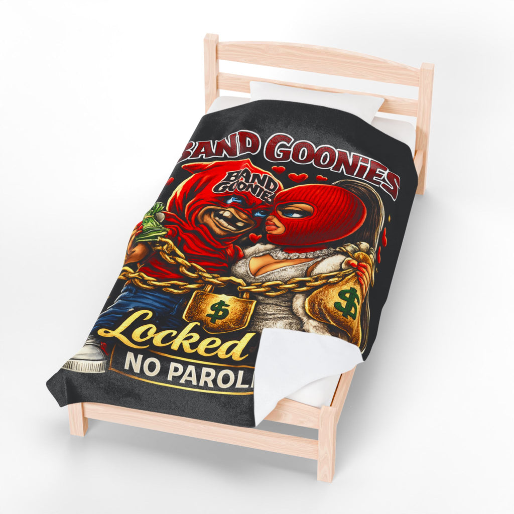 Love Velveteen Plush Blanket (Black) | Red Goonies Couple "Locked in, No Parole" (60" x 80")