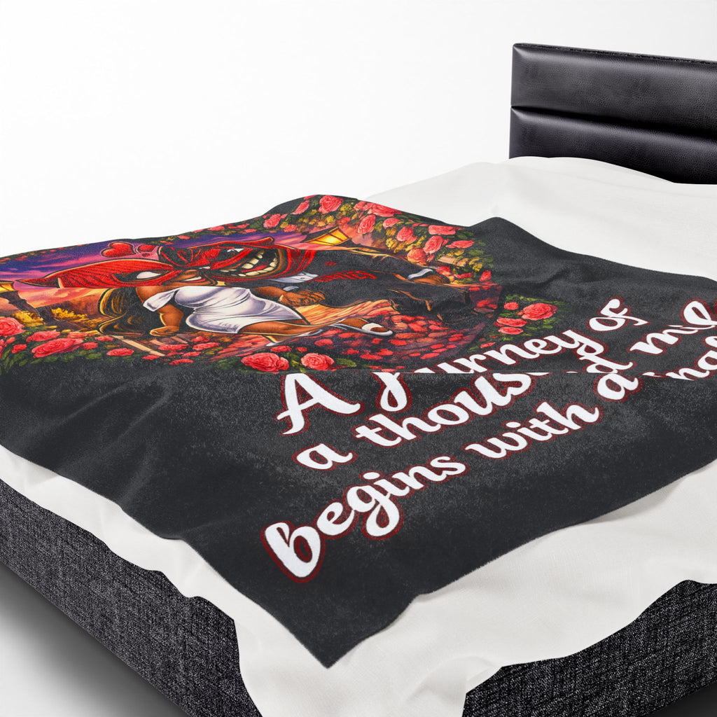 Velveteen Plush Blanket (Black) | Red Goonie Couple "A Journey of a Thousand Miles Begins with a Single Step" (60" x 80")