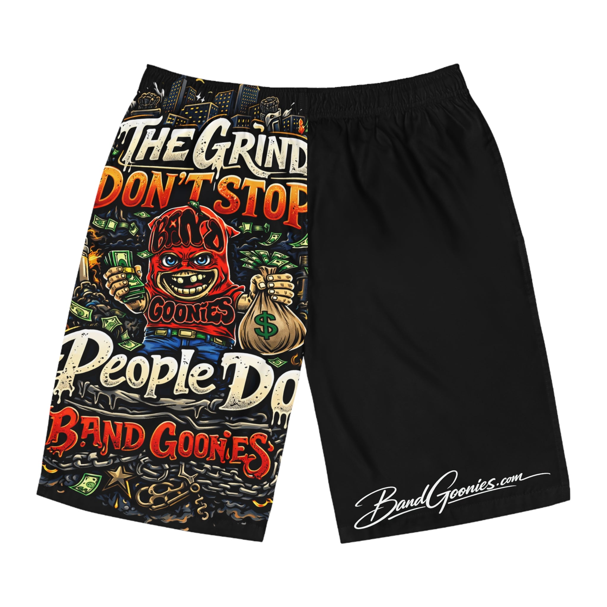 Men's Board Shorts | Red Goonie "The Grind Don't Stop, People Do"