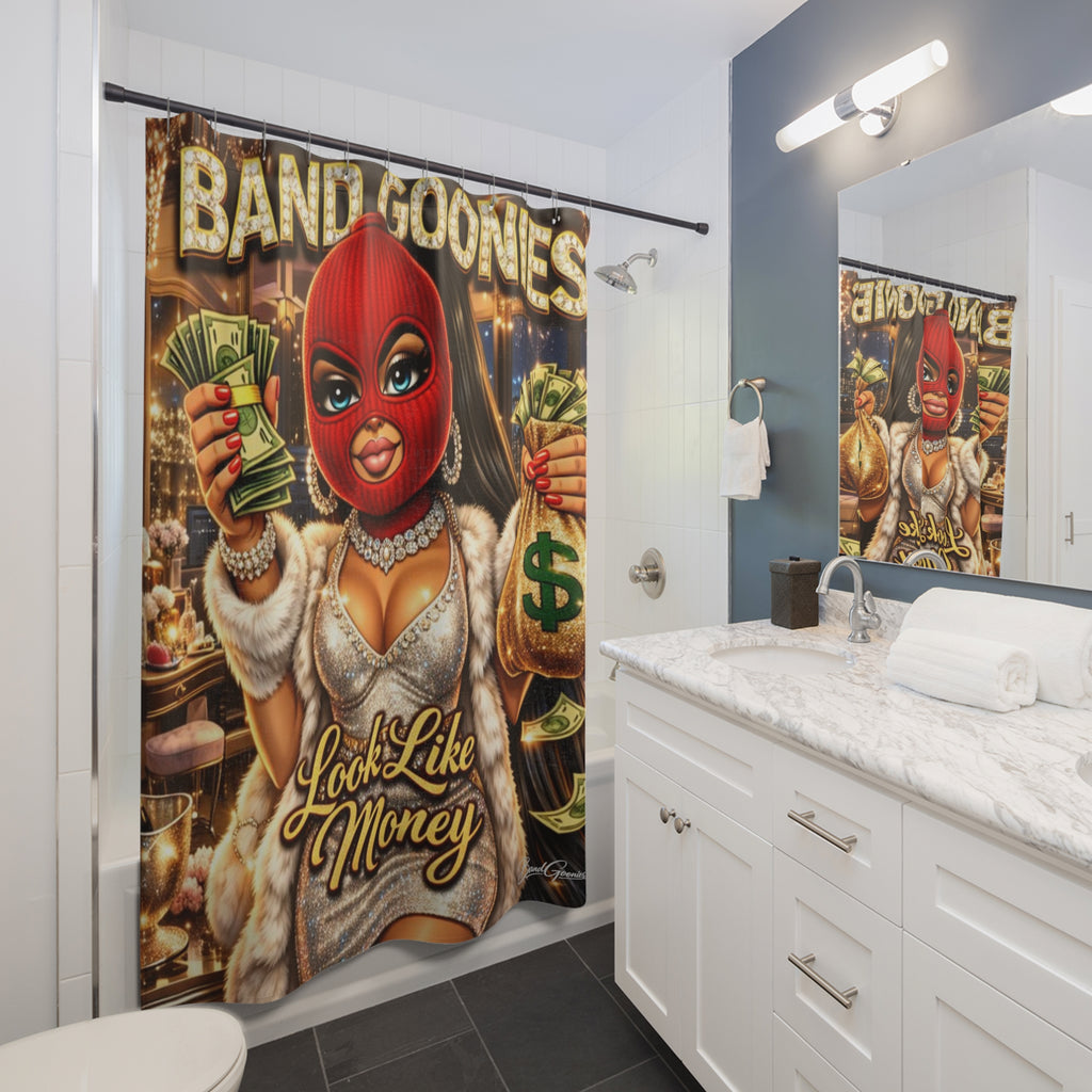 Bathroom Shower Curtain | Red Girl Goonie "Looks Like Money"