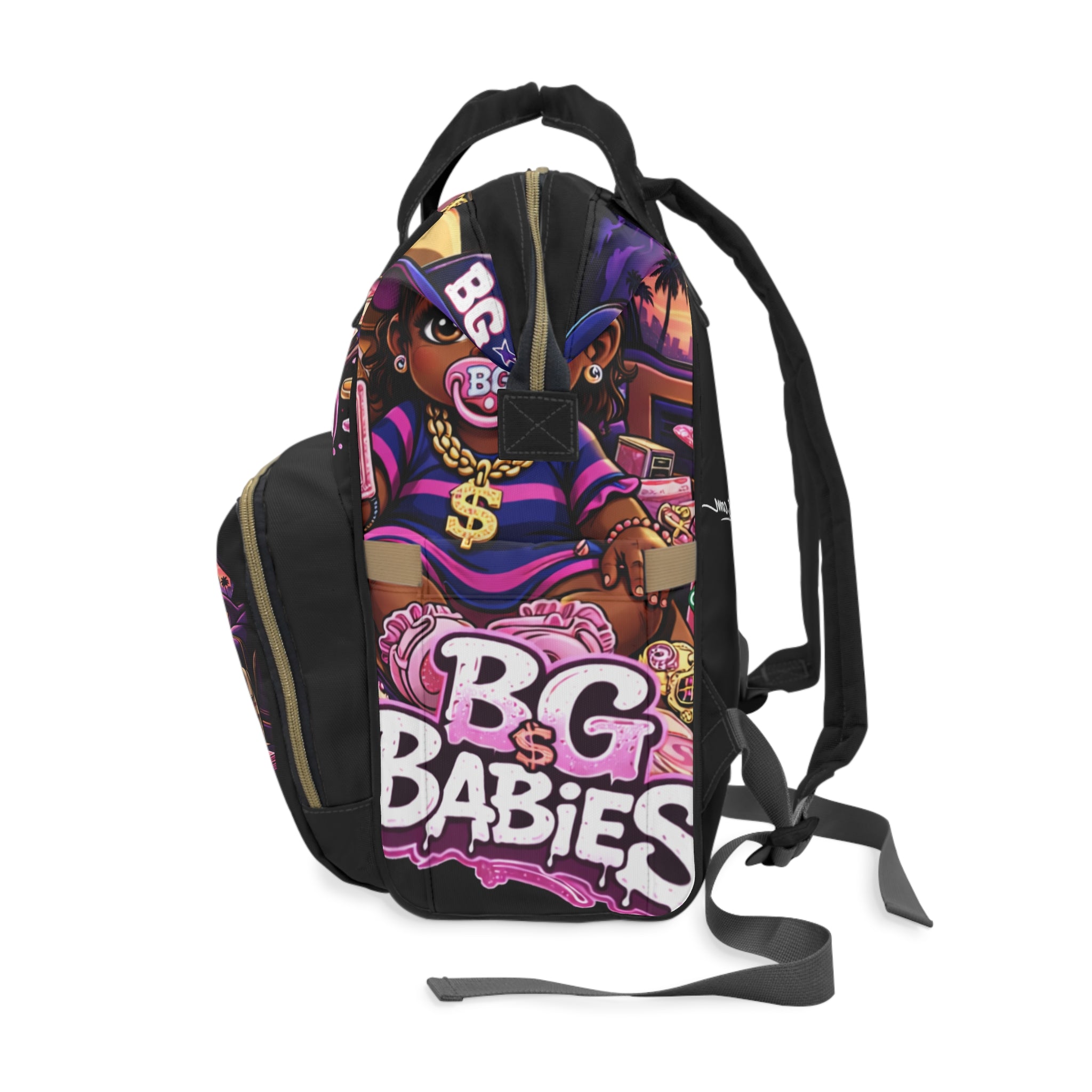 Multifunctional Diaper Backpack (Black) | Pink & Purple BG Babies "Sunroofs & Starbucks"