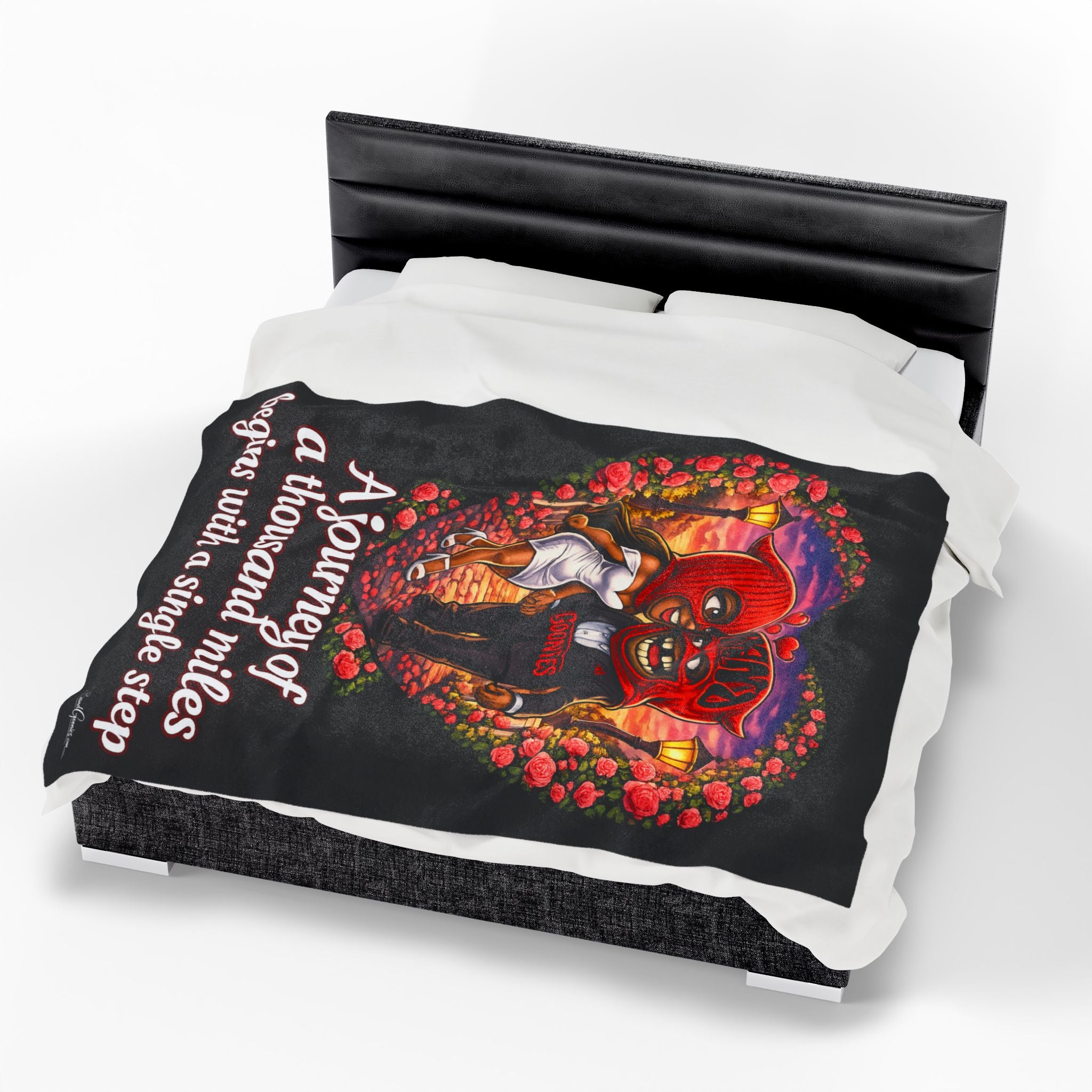 Velveteen Plush Blanket (Black) | Red Goonie Couple "A Journey of a Thousand Miles Begins with a Single Step" (60" x 80")