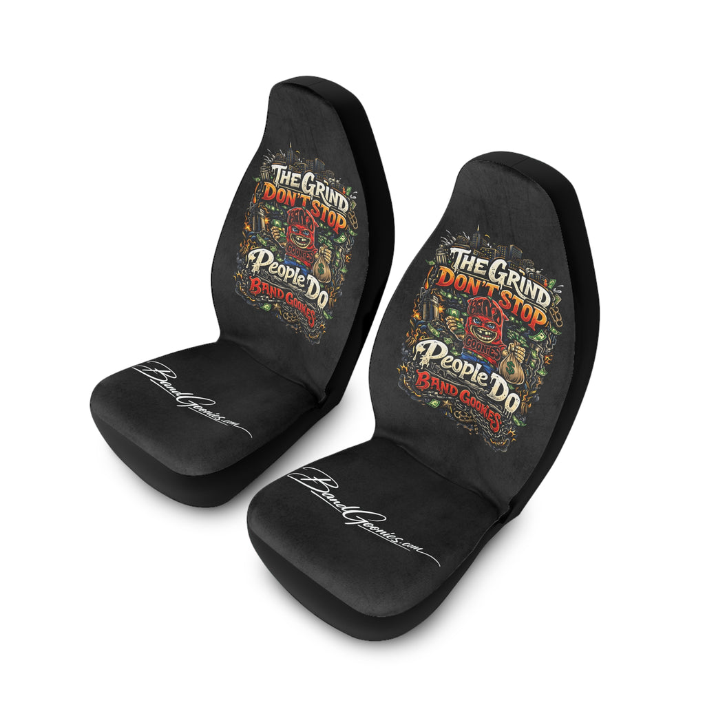 Polyester Car Seat Covers | Red Goonie "The Grind Don't Stop, People Do"