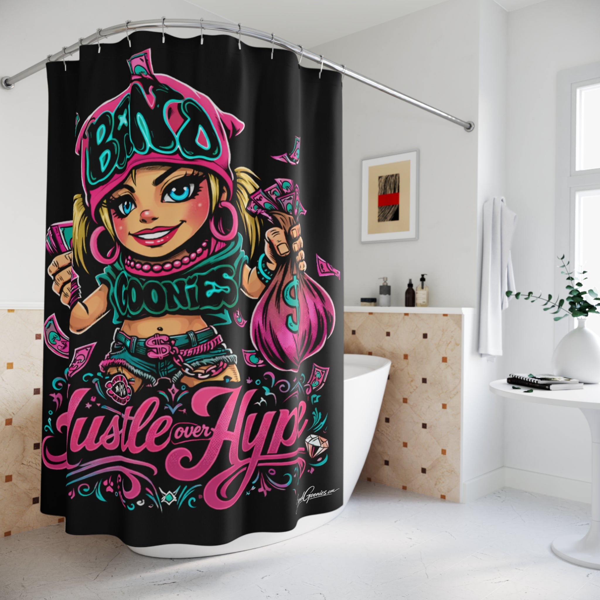 Bathroom Shower Curtain | Pink & Teal Girl Goonie "Hustle over Hype"