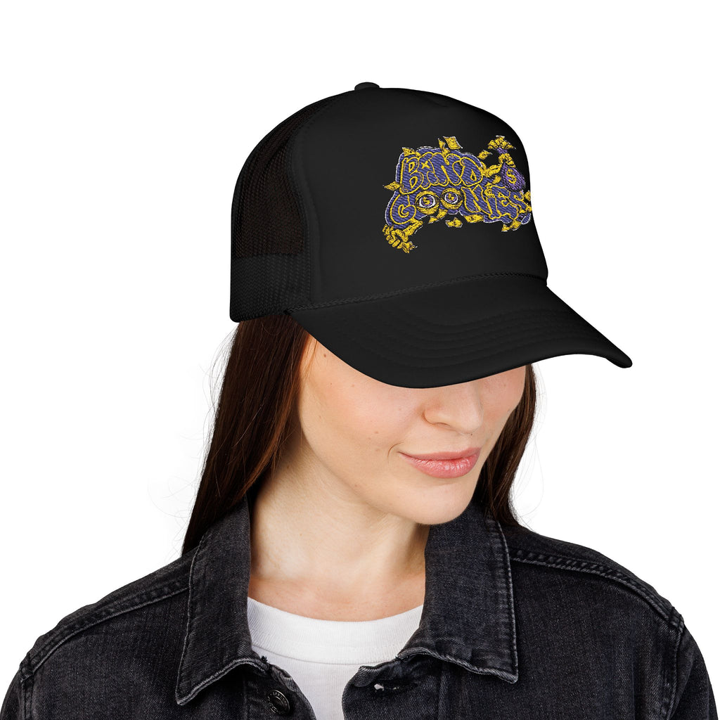 Purple & Yellow Band Goonies Foam Trucker Hat (Embroidery)
