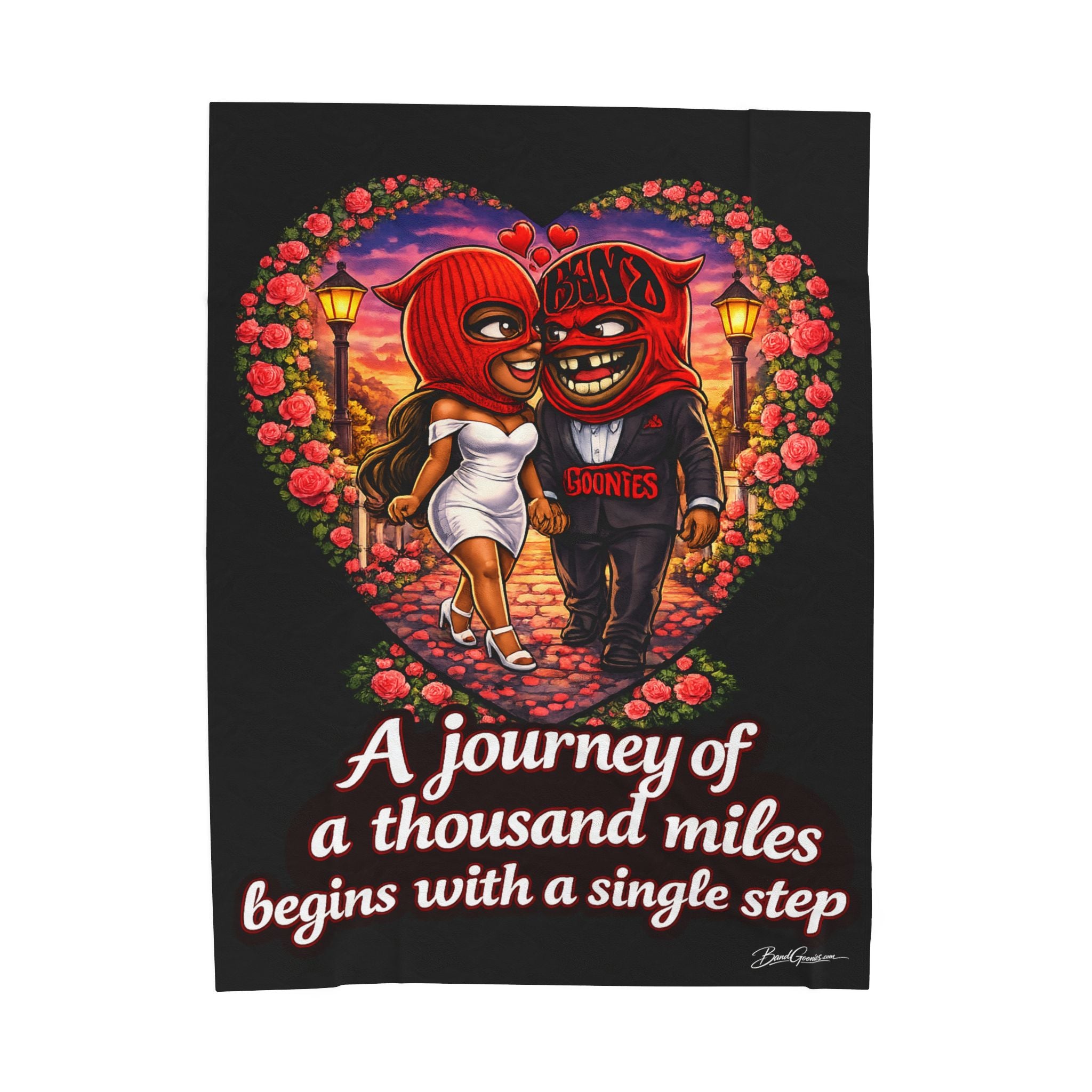 Velveteen Plush Blanket (Black) | Red Goonie Couple "A Journey of a Thousand Miles Begins with a Single Step" (60" x 80")