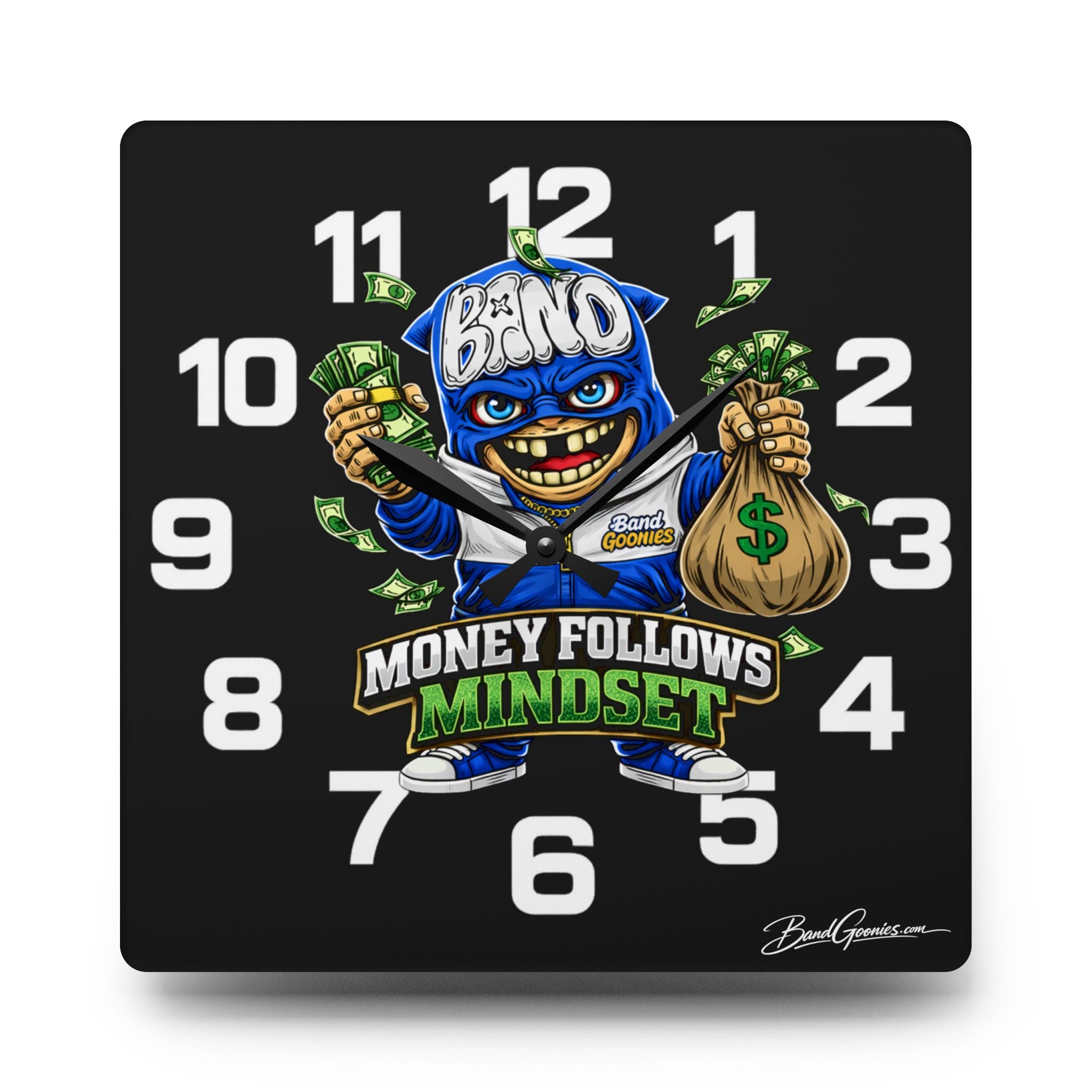 Acrylic Wall Clock | Blue Goonie "Money Follows Mindset"