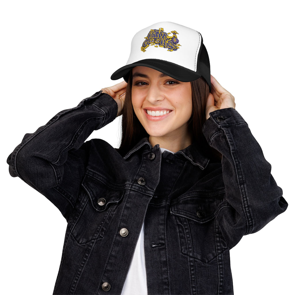 Purple & Yellow Band Goonies Foam Trucker Hat (Embroidery)