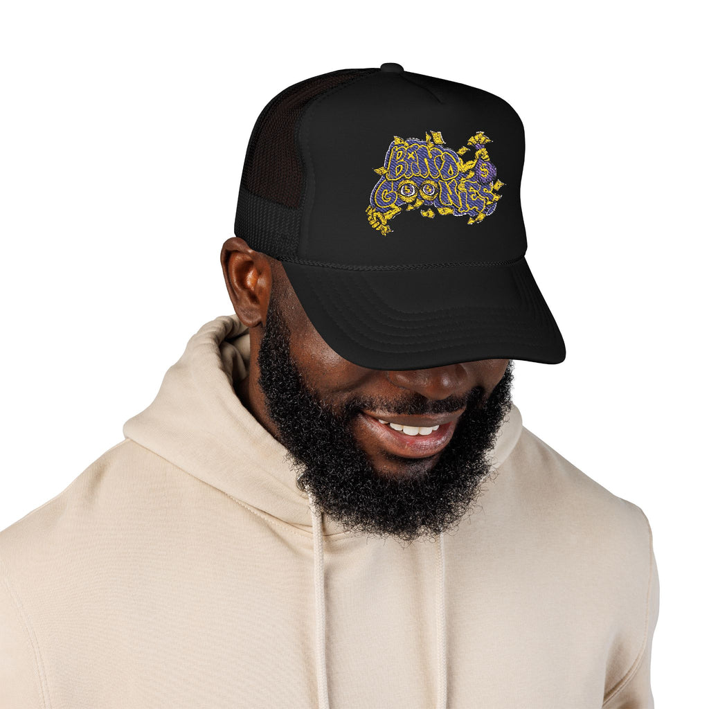 Purple & Yellow Band Goonies Foam Trucker Hat (Embroidery)
