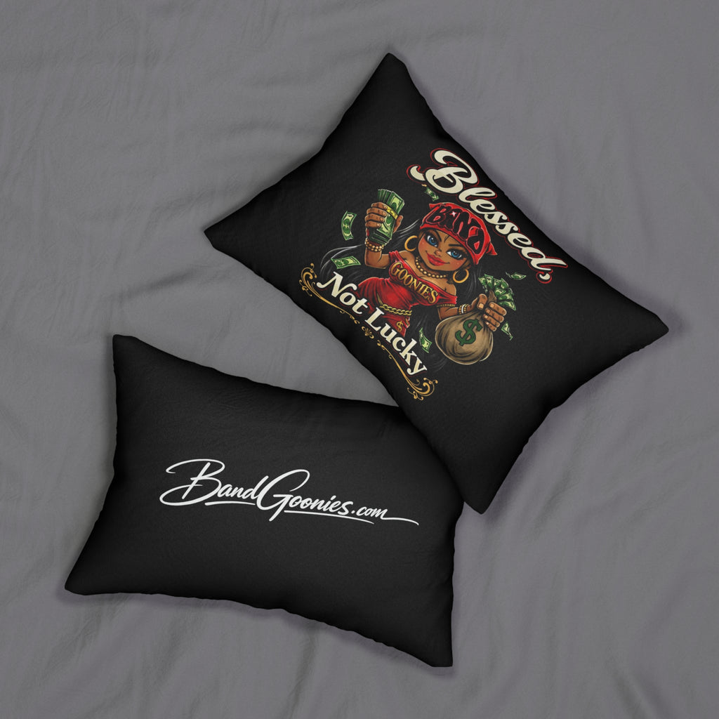 Polyester Pillow | Red Girl Goonie "Blessed, Not Lucky"