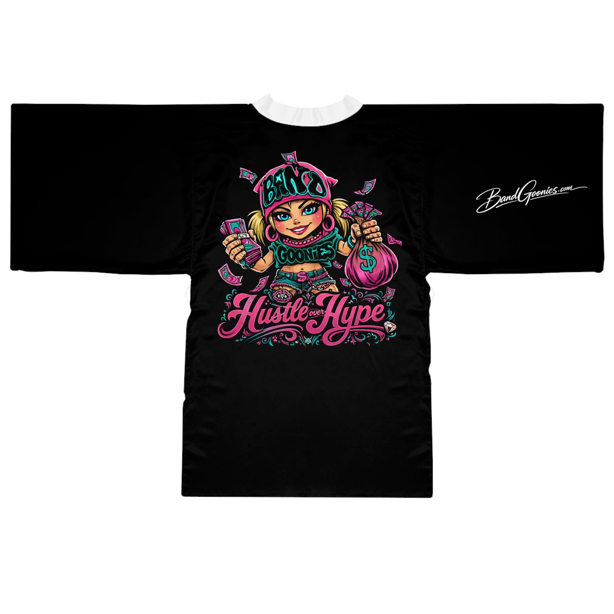 Long Sleeve Robe | Pink & Teal Girl Goonie "Hustle over Hype"