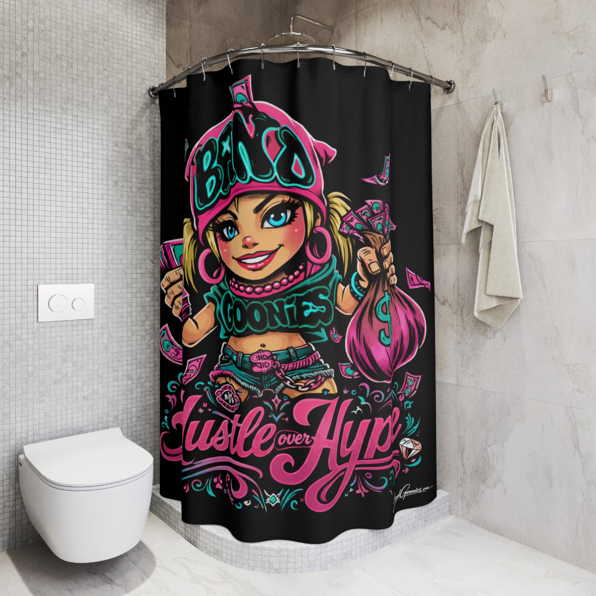 Bathroom Shower Curtain | Pink & Teal Girl Goonie "Hustle over Hype"