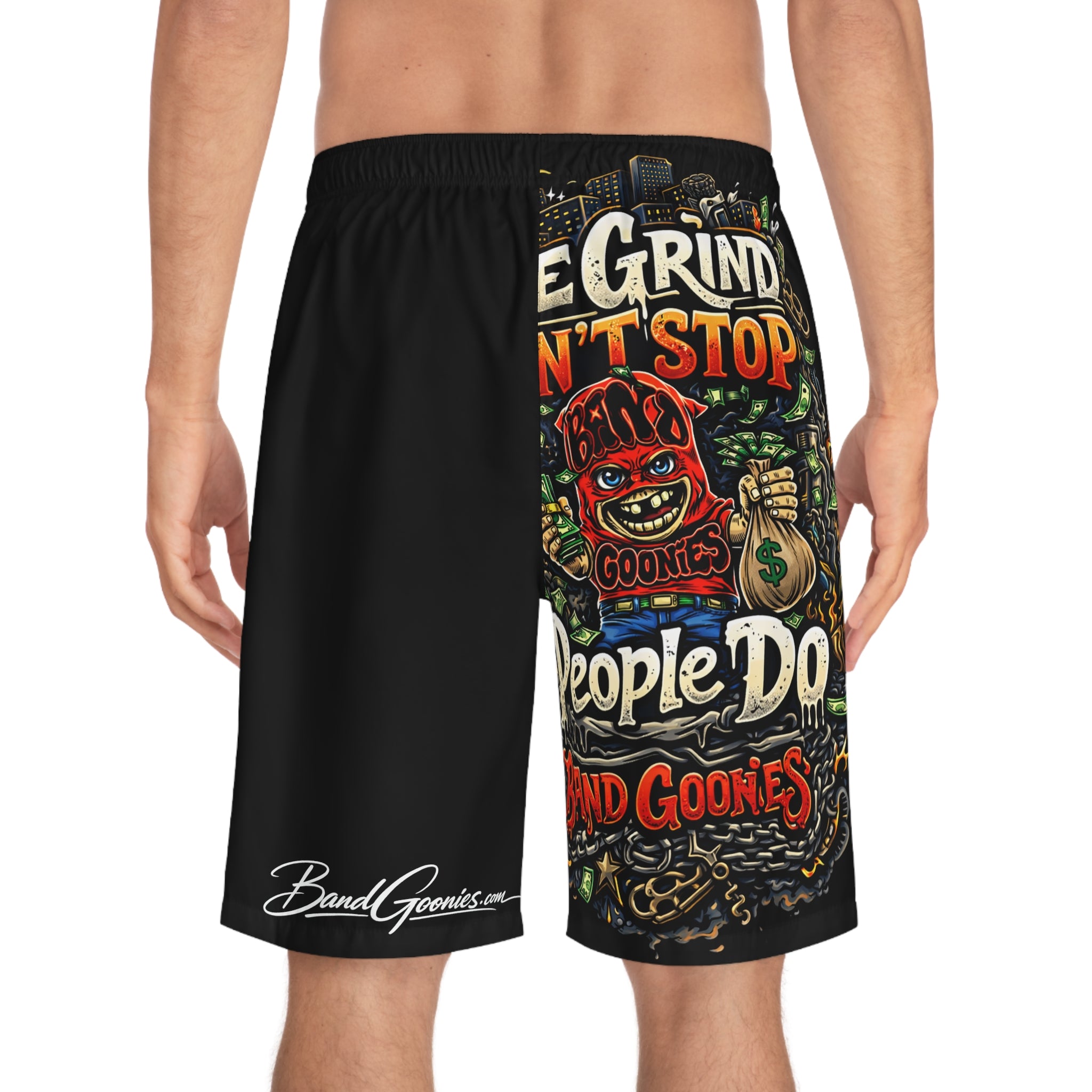 Men's Board Shorts | Red Goonie "The Grind Don't Stop, People Do"