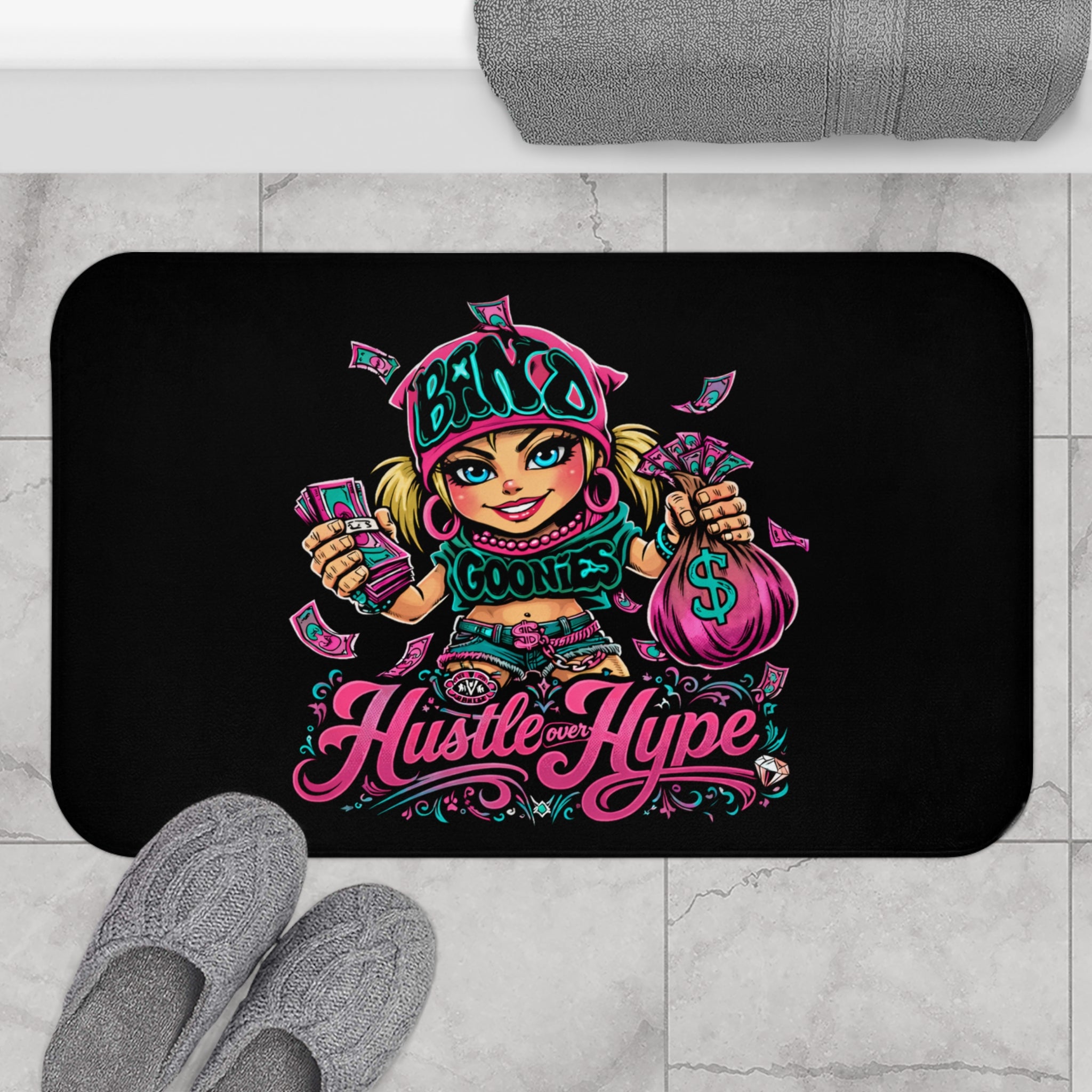 Bathroom Shower Mat | Pink & Teal Girl Goonie "Hustle over Hype"