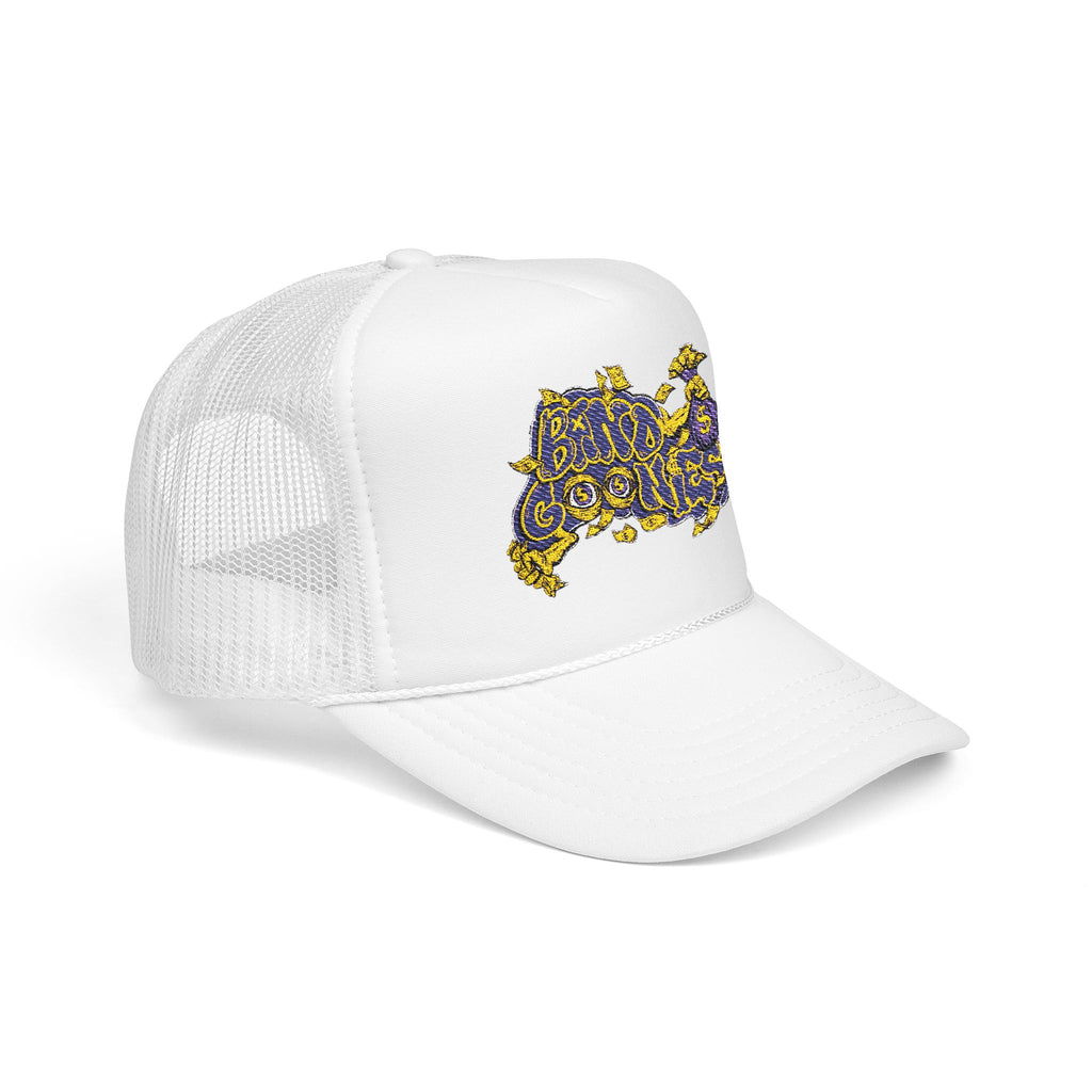 Purple & Yellow Band Goonies Foam Trucker Hat (Embroidery)