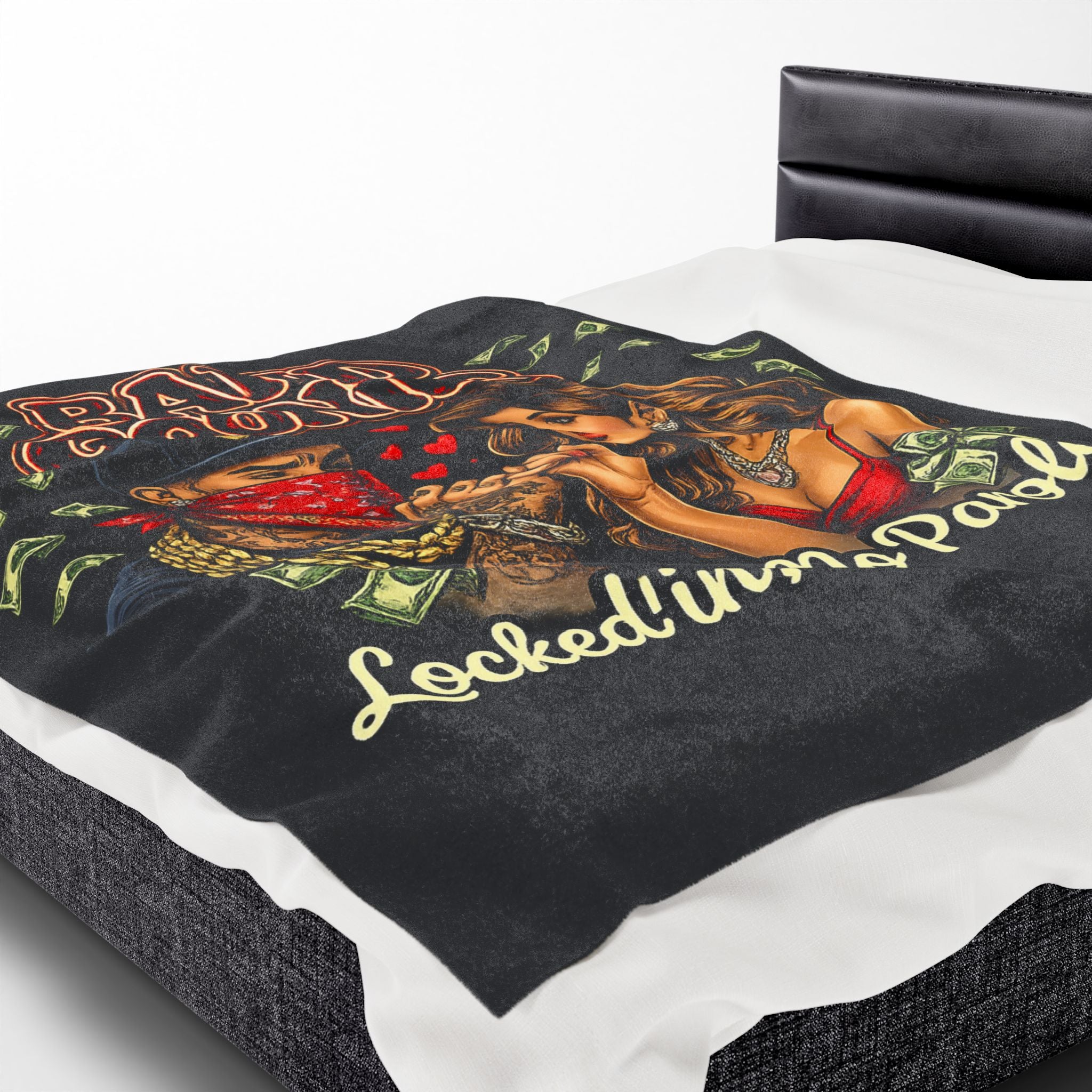Love Velveteen Plush Blanket (Black) | Bandana Goonie Couple "Locked in, No Parole"