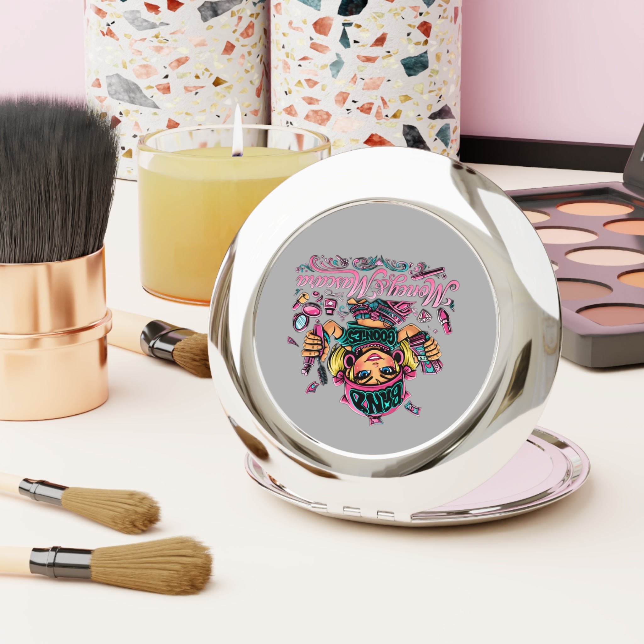 Compact Travel Mirror | Pink Girl Goonie "Money & Macara"
