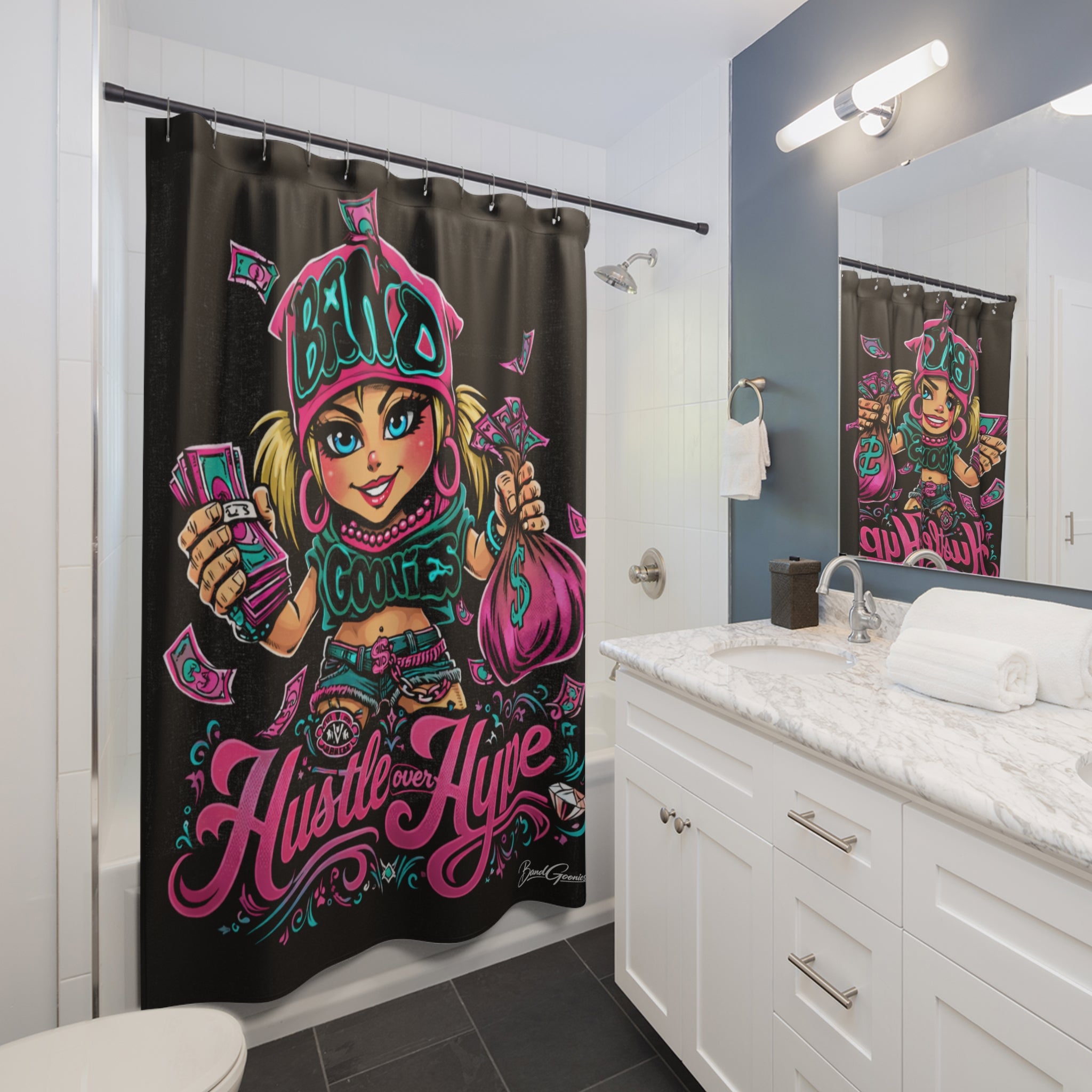Bathroom Shower Curtain | Pink & Teal Girl Goonie "Hustle over Hype"