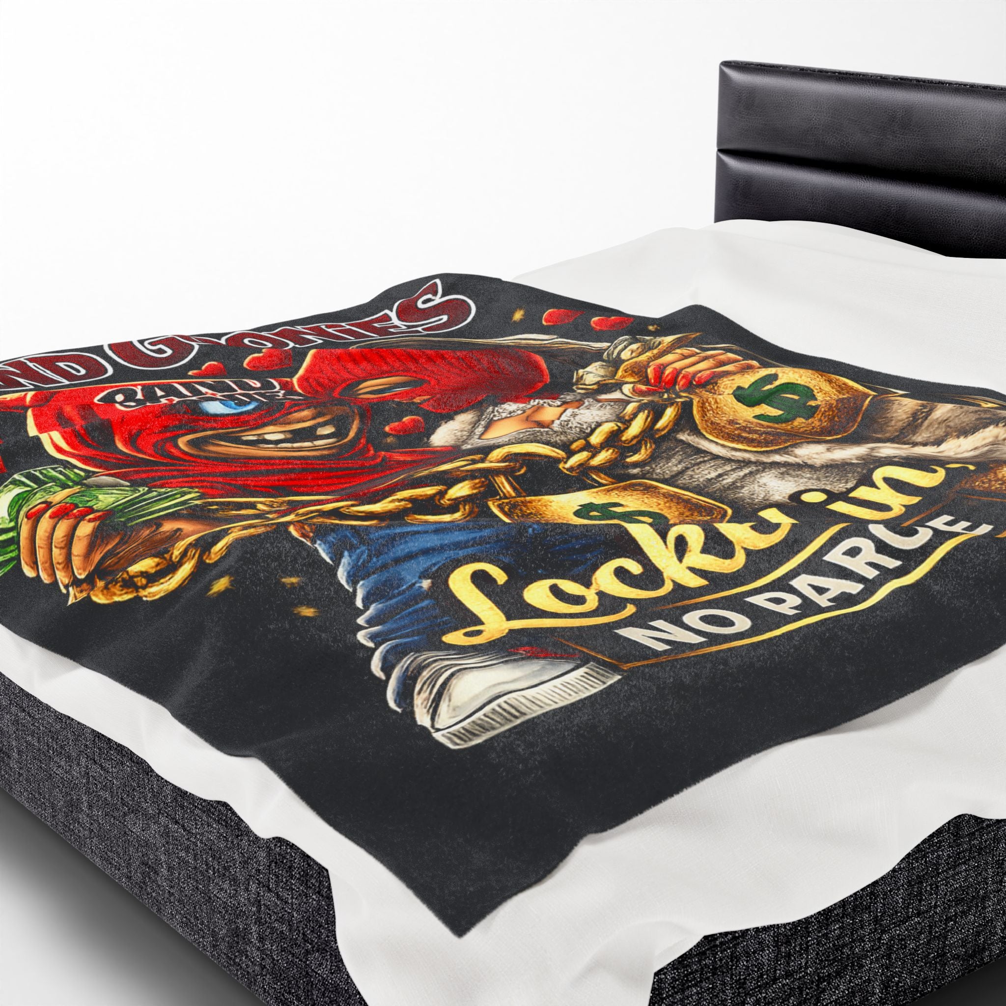 Love Velveteen Plush Blanket (Black) | Red Goonies Couple "Locked in, No Parole" (60" x 80")