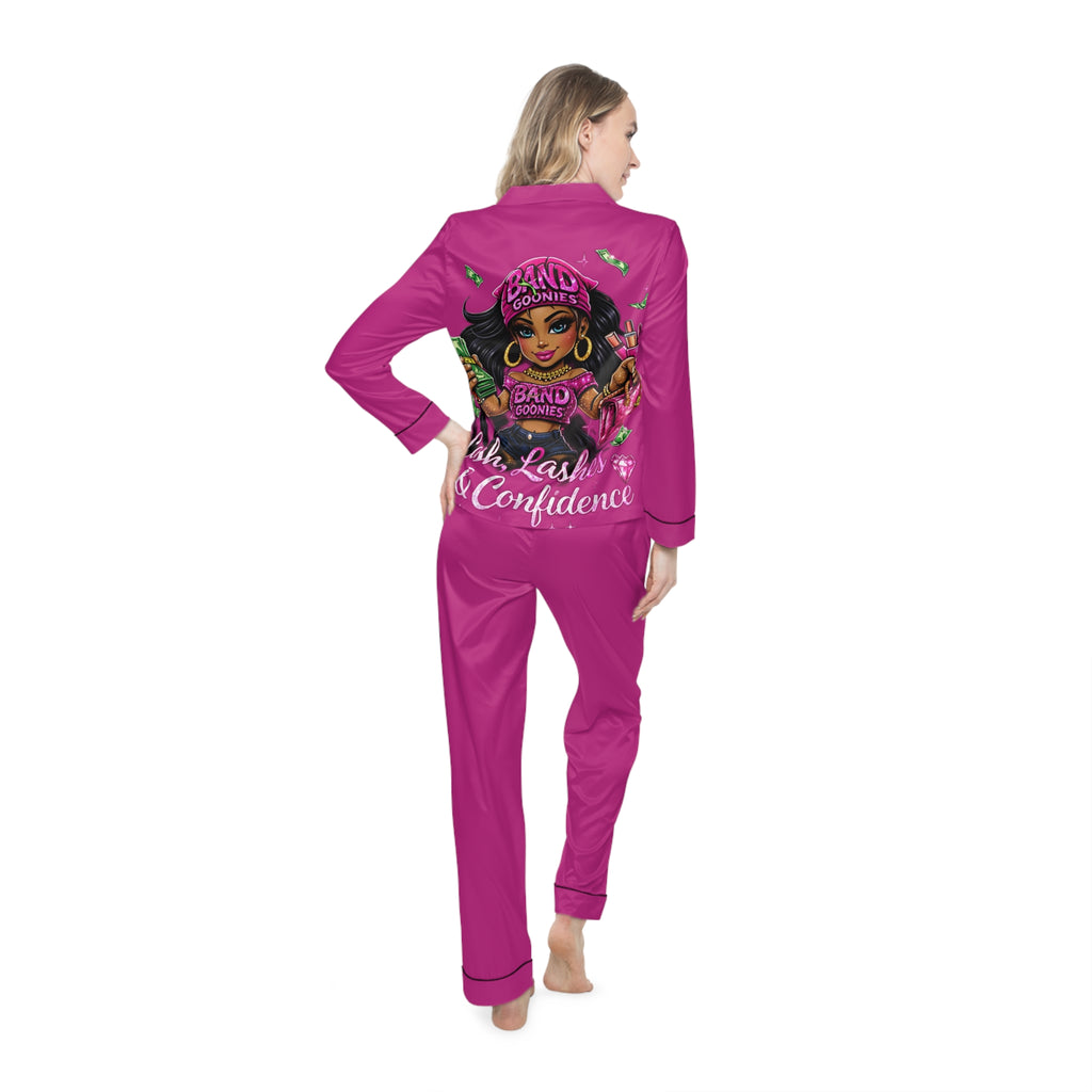 Women's Satin Pajamas | Pink Girl Goonie " Cash, Lashes & Confidence"