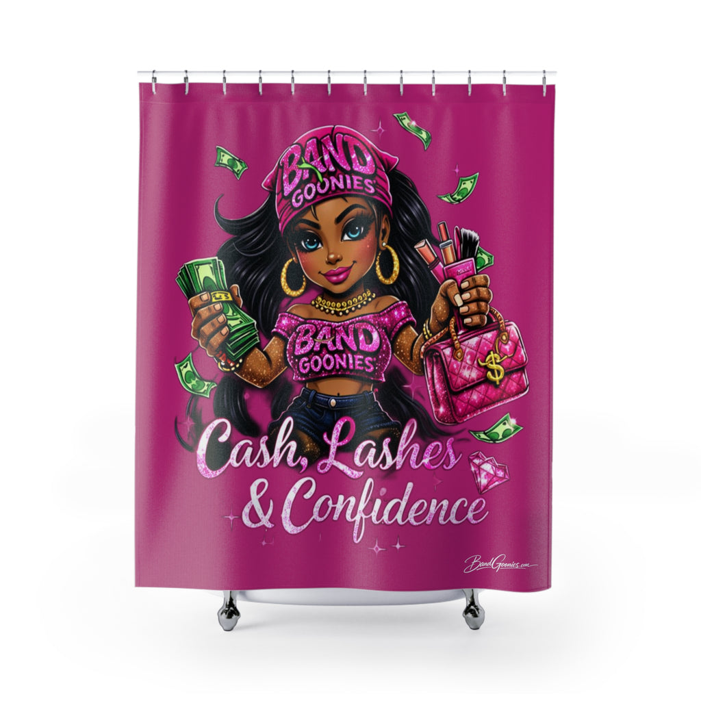 Bathroom Shower Curtain | Pink Girl Goonie "Cash, Lashes & Confidence"