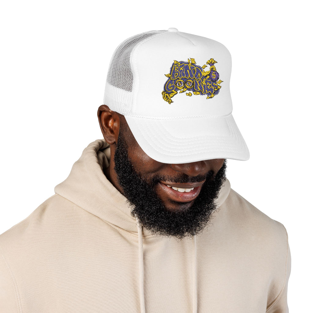 Purple & Yellow Band Goonies Foam Trucker Hat (Embroidery)