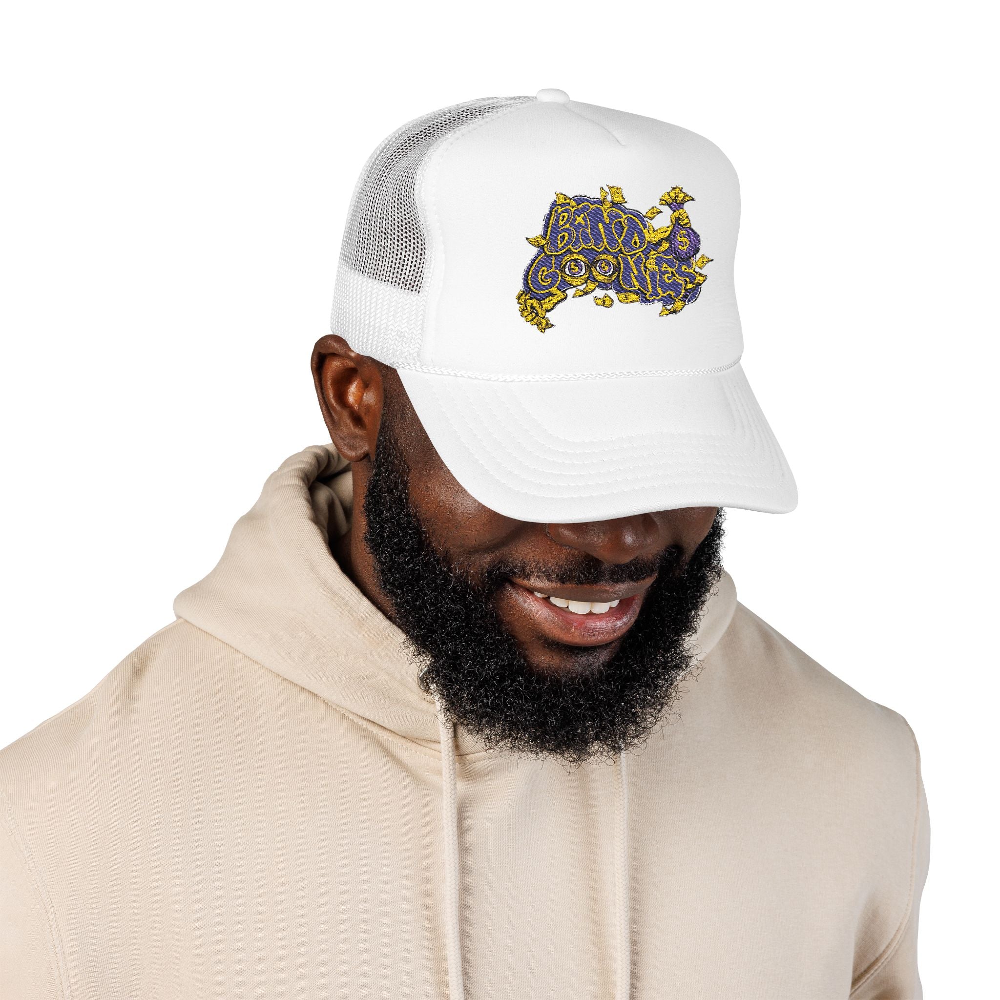 Purple & Yellow Band Goonies Foam Trucker Hat (Embroidery)