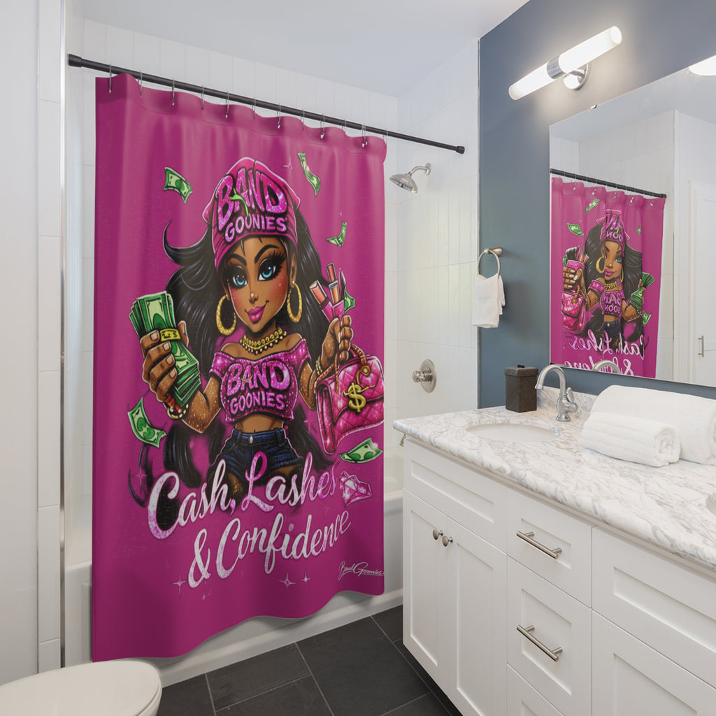 Bathroom Shower Curtain | Pink Girl Goonie "Cash, Lashes & Confidence"