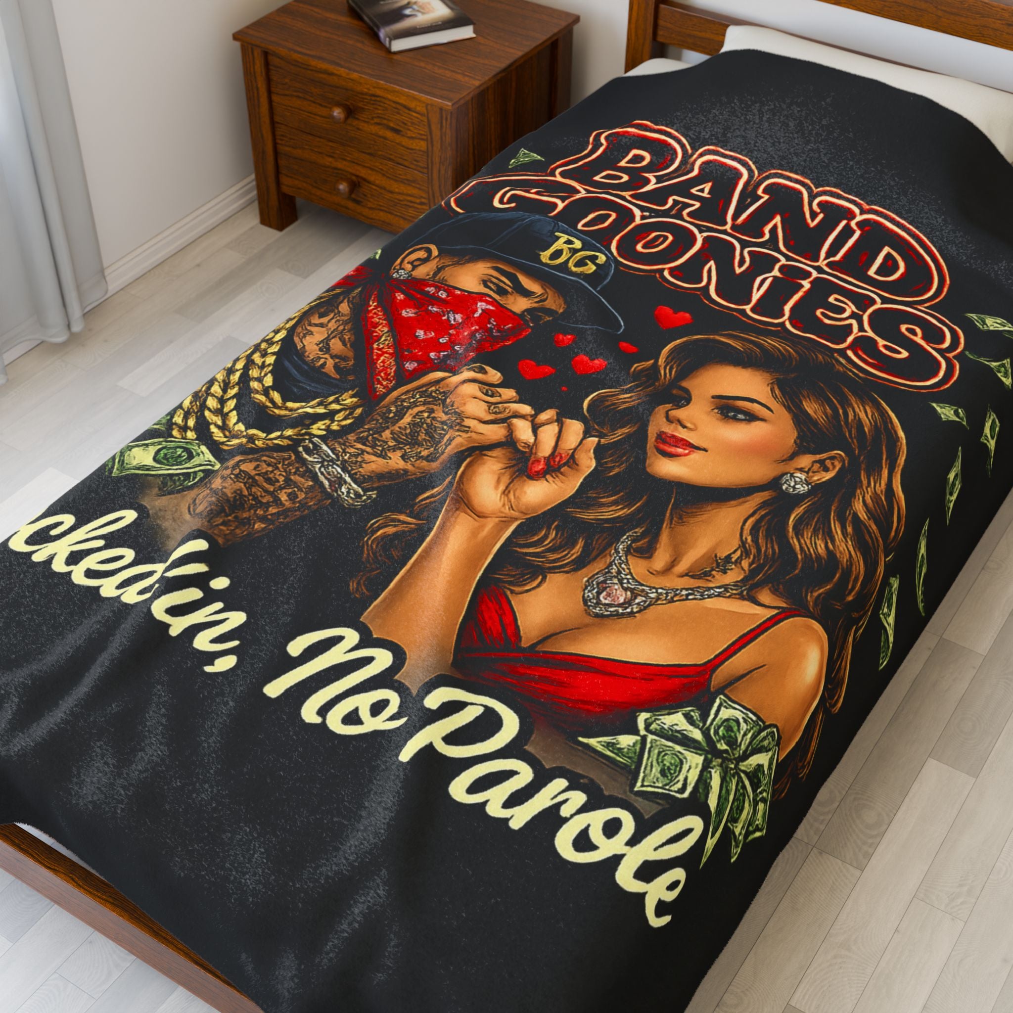 Love Velveteen Plush Blanket (Black) | Bandana Goonie Couple "Locked in, No Parole"
