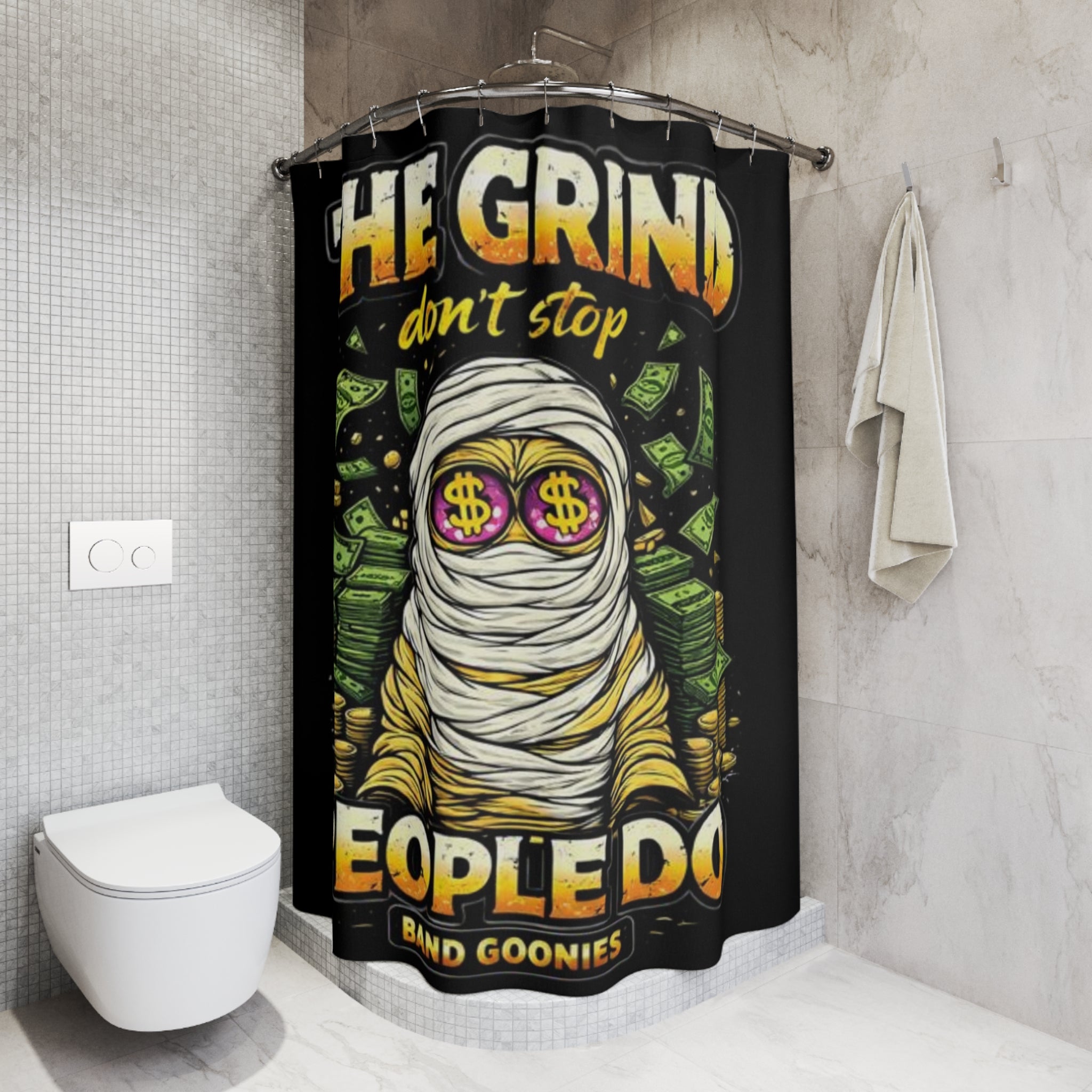 Bathroom Shower Curtains | OG Goonie "The Grind Don't Stop, People Do"