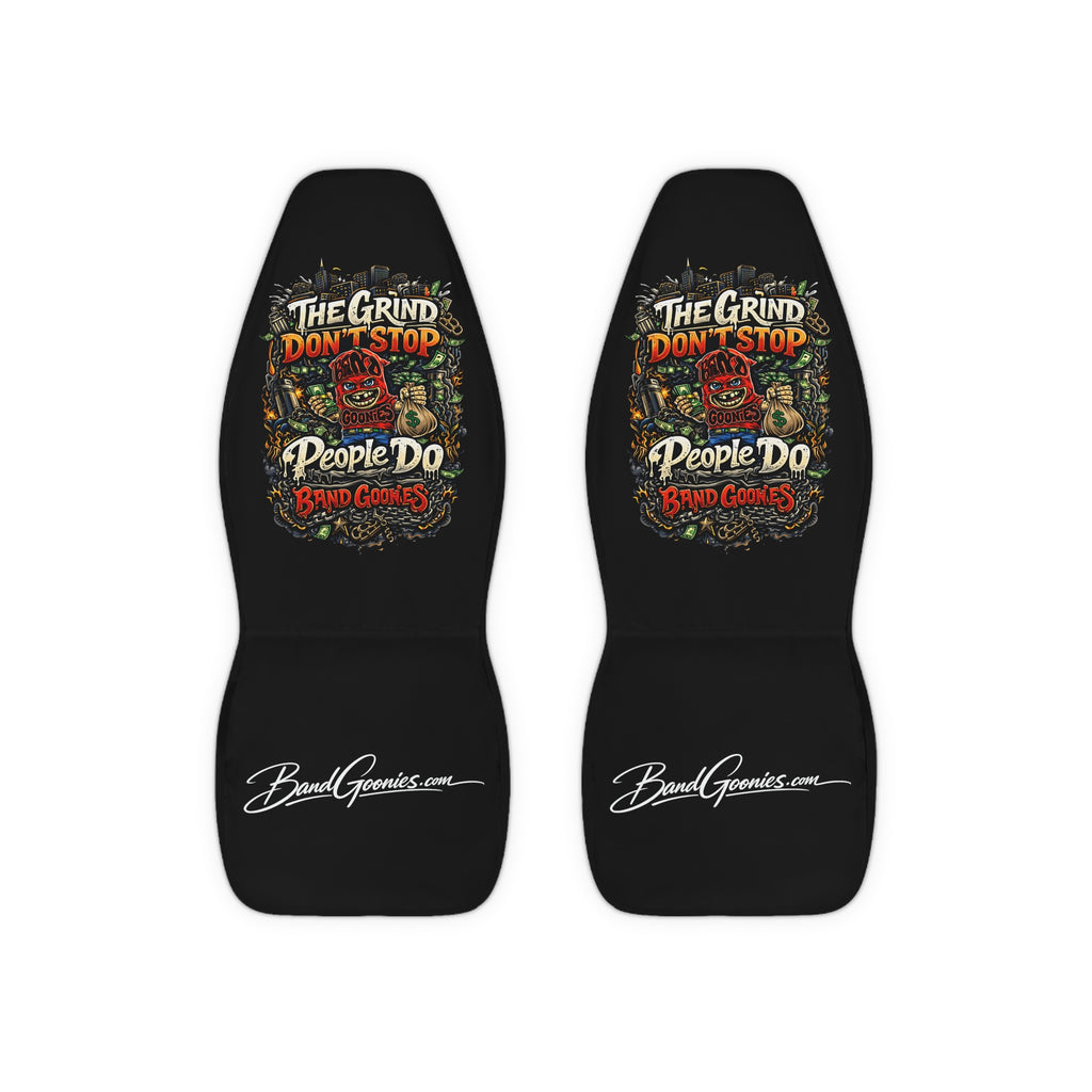 Polyester Car Seat Covers | Red Goonie "The Grind Don't Stop, People Do"