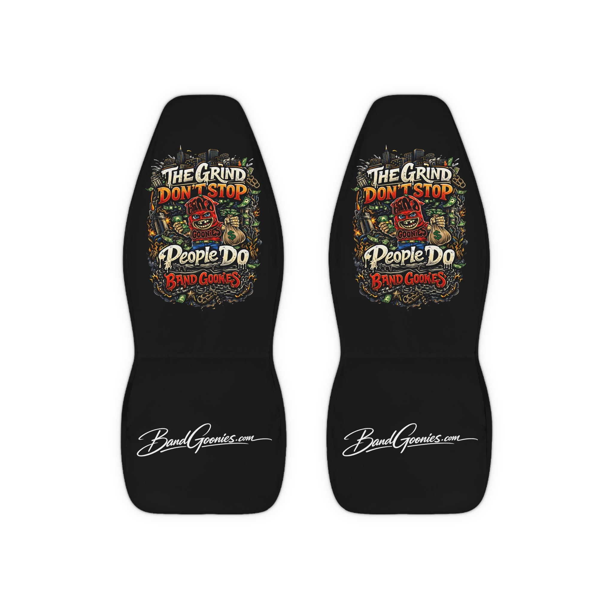 Polyester Car Seat Covers | Red Goonie "The Grind Don't Stop, People Do"