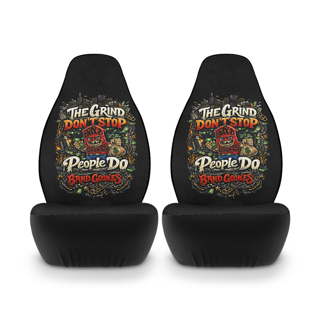 Polyester Car Seat Covers | Red Goonie "The Grind Don't Stop, People Do"