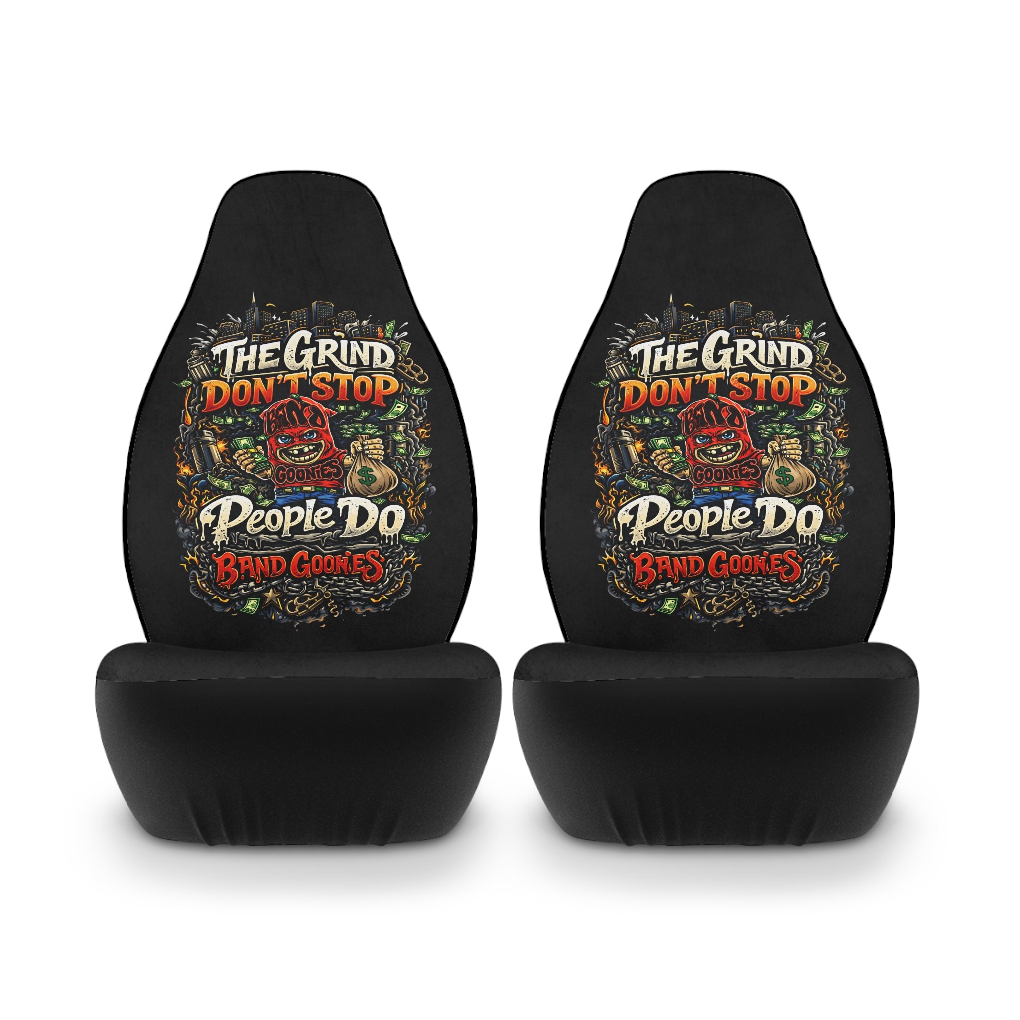 Polyester Car Seat Covers | Red Goonie "The Grind Don't Stop, People Do"