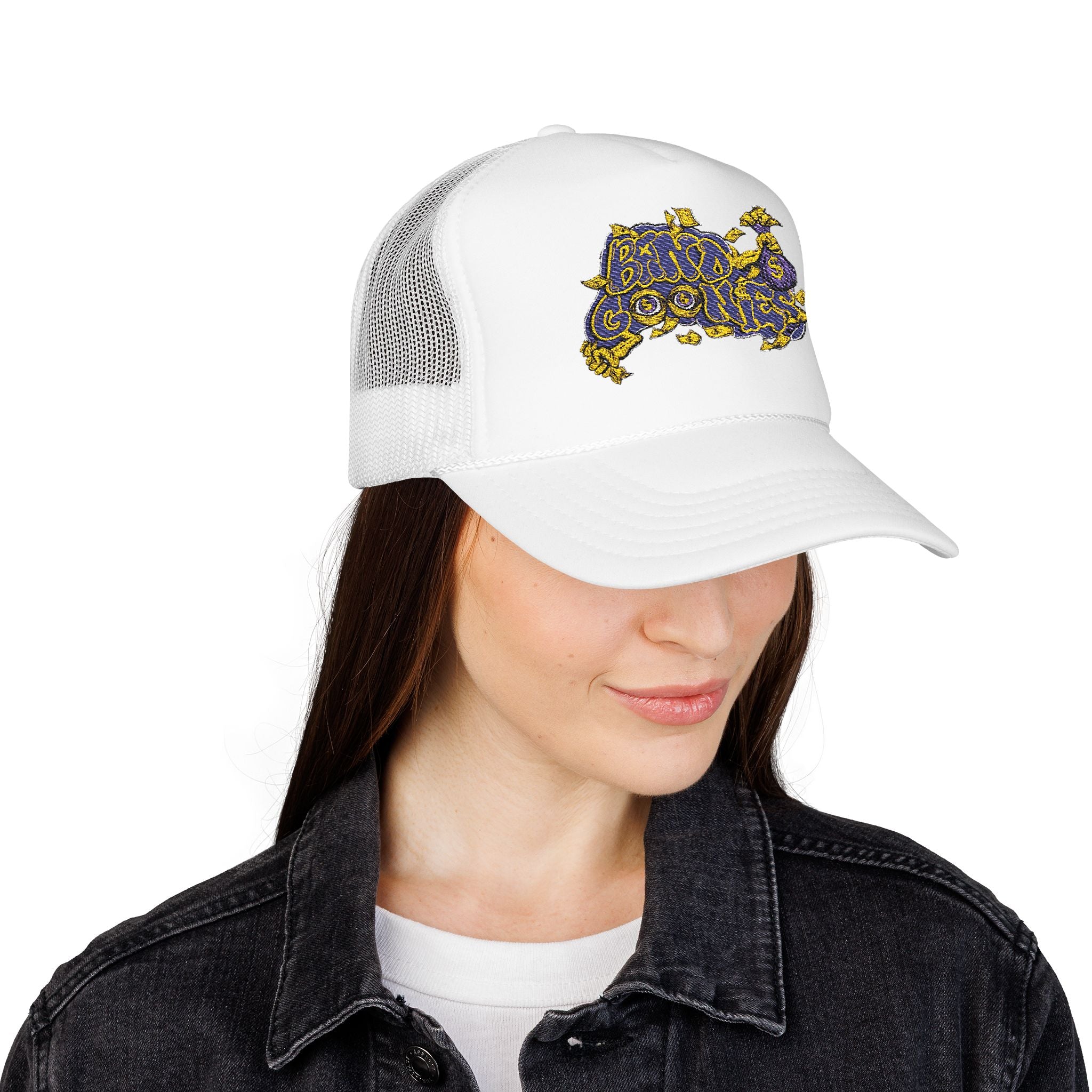 Purple & Yellow Band Goonies Foam Trucker Hat (Embroidery)