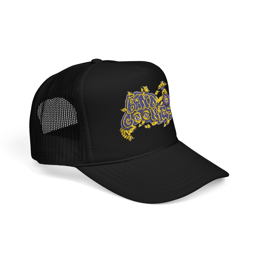 Purple & Yellow Band Goonies Foam Trucker Hat (Embroidery)